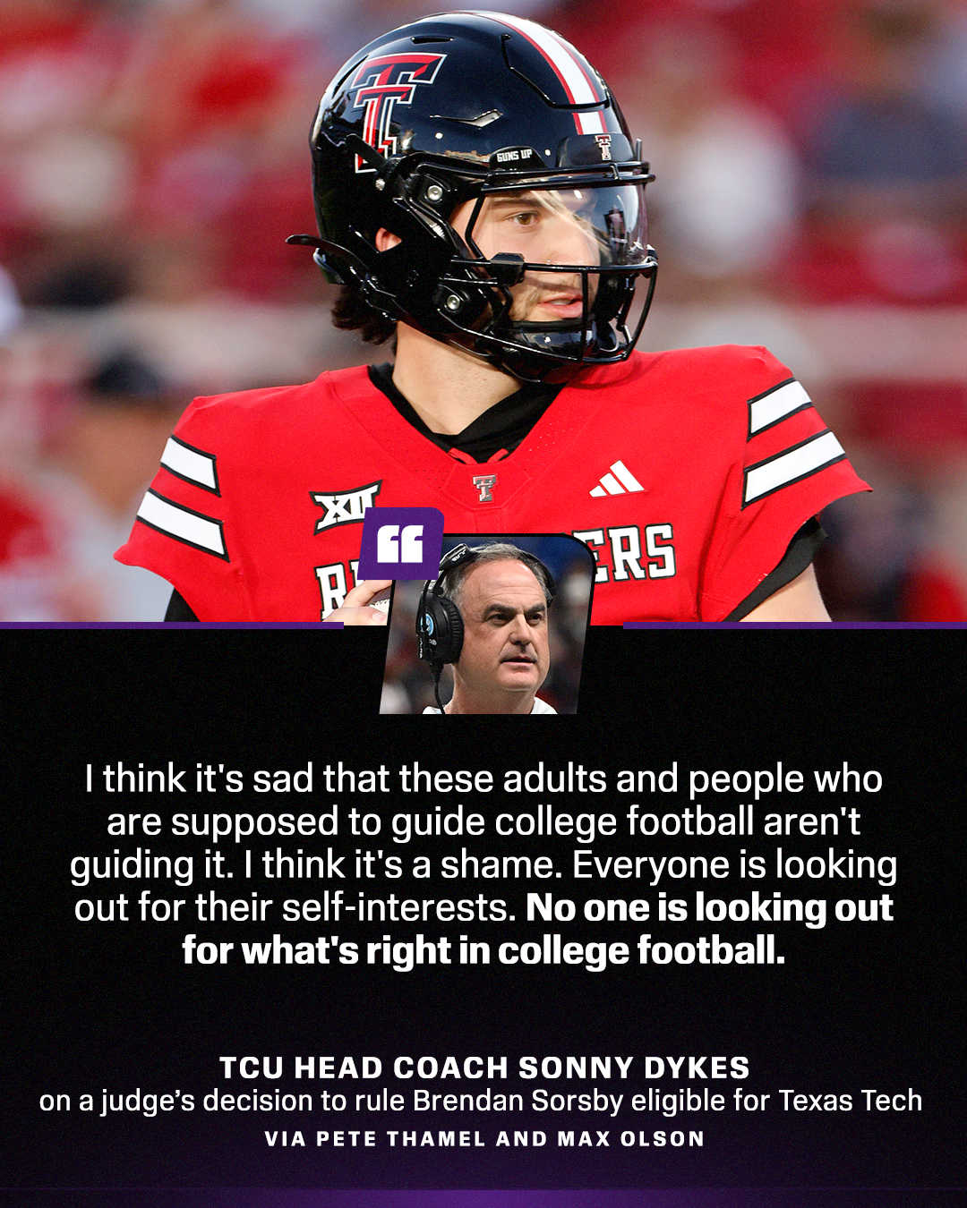 Coaches, athletic directors, conference commissioners and more shared their thoughts after a Texas judge ruled Texas Tech QB Brendan Sorsby eligible on Monday, even after Sorsby was previously being declared ineligible for wagering on college sports. Link in bio for more.