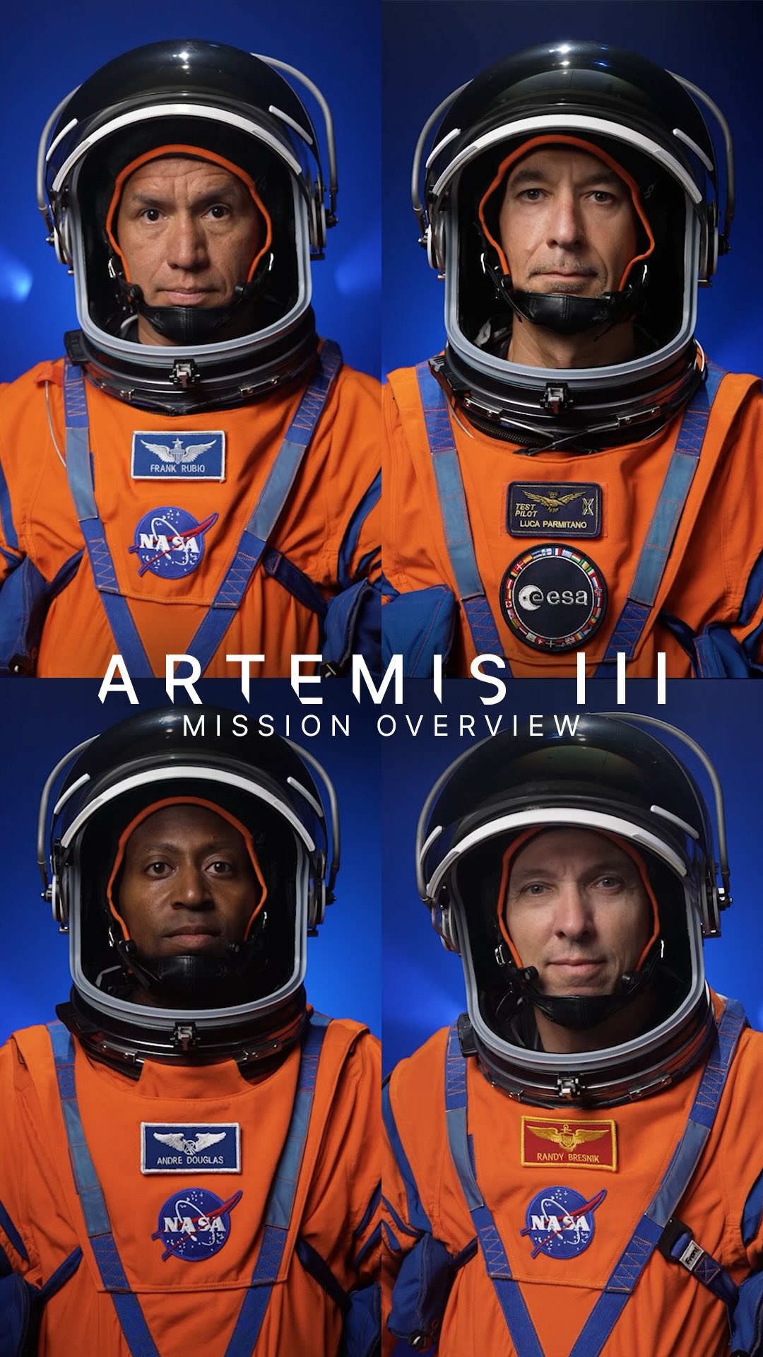 Introducing Artemis III.

Four astronauts. Three launches. Two dockings. One splashdown.

In 2027, the Artemis III mission will practice docking the Orion spacecraft with two lunar landers in low Earth orbit. On future Artemis missions, landers will bring astronauts to the lunar surface. While Artemis III will not land on the Moon, it will test the complex capabilities we need to return humanity there — this time to stay.

NASA astronauts @AstroKomrade, @Astro_FrankRubio, and @Astro_AndreD will join @EuropeanSpaceAgency astronaut @Astro_Luca on this historic mission.

Credit: NASA

#Artemis #ArtemisIII #Astronauts