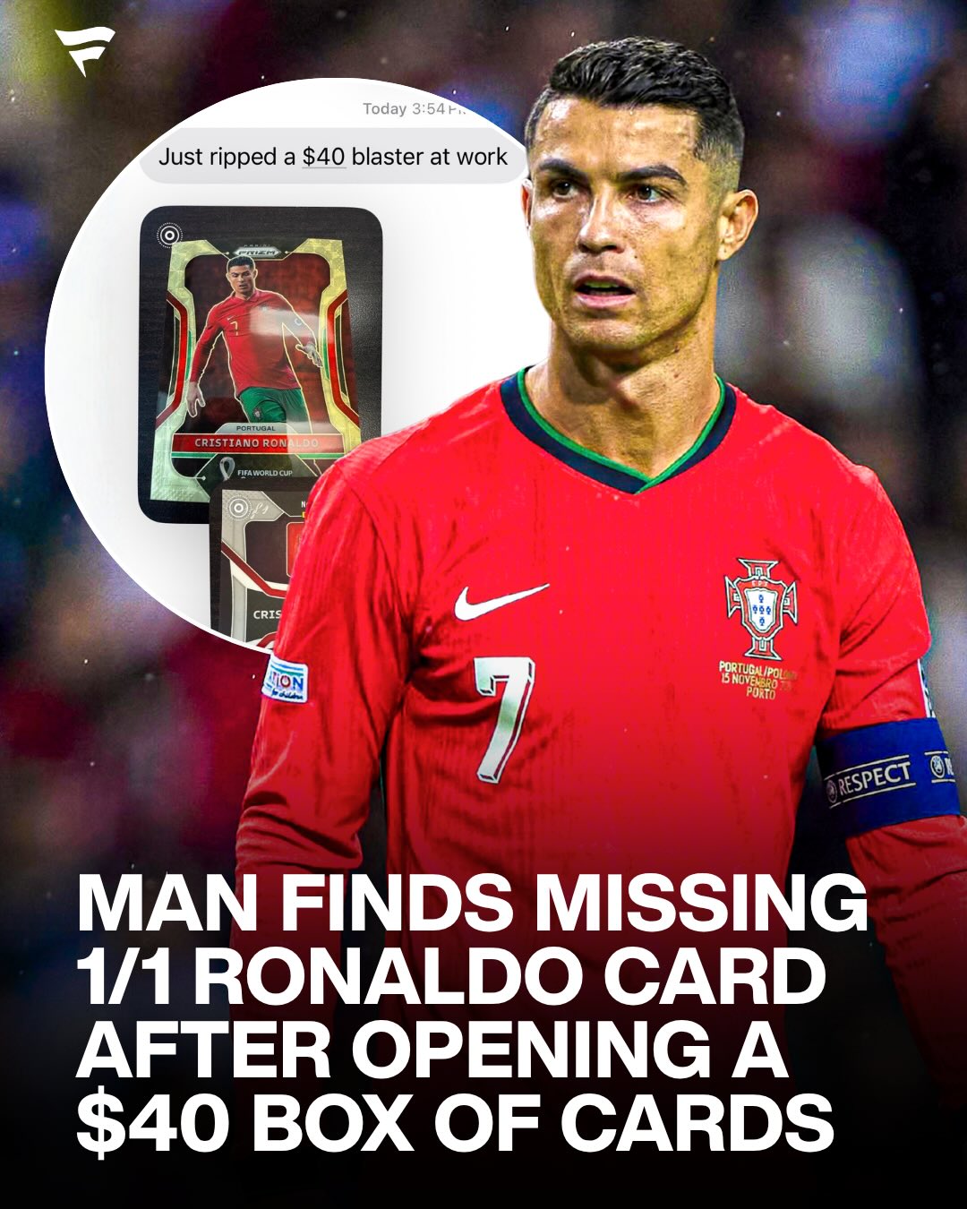 It was missing for 4 years 🤯

@harrykanecards had been holding onto a $40 box of 2022 Prizm FIFA World Cup Soccer for four years before finally deciding to open it yesterday.

That decision paid off in a massive way.

Inside was a 1-of-1 Cristiano Ronaldo card, one of the biggest cards in the entire product.

What do you think this card sells for today? 🤔

(via @harrykanecards)