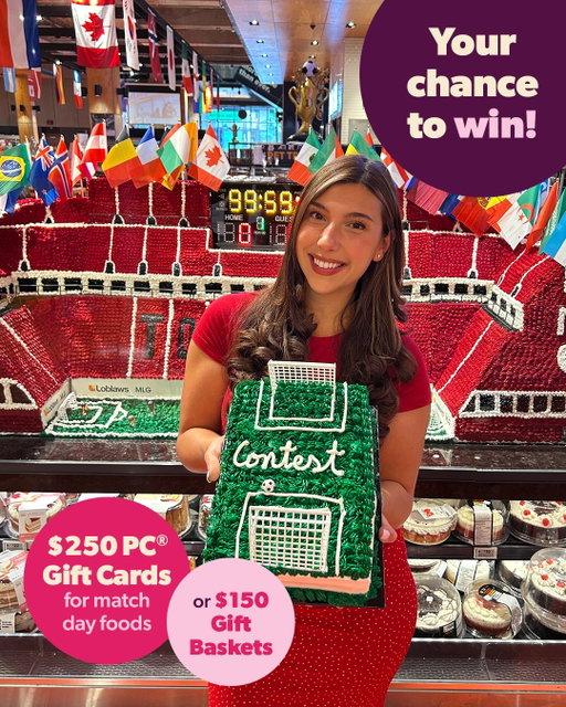 (CONTEST CLOSED)
🚨CONTEST: Show us how you’re bringing match-day moods to life ⚽🍰 Share a photo or video of your soccer celebration cake, homemade treat, game-day spread or even spot a cake in-store, tag @LoblawsON, and use #FoodsForAllTheMatchDayMoods for a chance to win one of our $250 PC Digital Gift Cards OR $150 Gift Baskets..
​
How to enter: ​
​
1. Like this post ​
​
2. Follow @LoblawsON​
​
3. Post a photo or video of your soccer celebration cake, homemade treat, ingredients or snap a pic of a cake you spotted while shopping in-store, tag @LoblawsON, and include #FoodForAllTheMatchDayMoods in your post for a chance to win.​
​
*Ensure your Instagram account privacy settings are set to “Off” until July 12, 2026, to allow us to contact you if you’re the potential winner. ​
 ​
⏰ Contest Period: This Contest begins on June 9, 2026, at 3:00 pm. ET and closes July 7, 2026, at 11:59 pm ET. ​
 ​
Eligibility: The contest is open only to residents of Canada (excluding Quebec) who have reached the legal age of majority in their province/territory of residence at the time of entry. ​
 ​
🔗 For full rules and regulations, check the link in our bio. We will only contact you from the verified @LoblawsON account – any other account contacting you on behalf of Loblaws is fraudulent