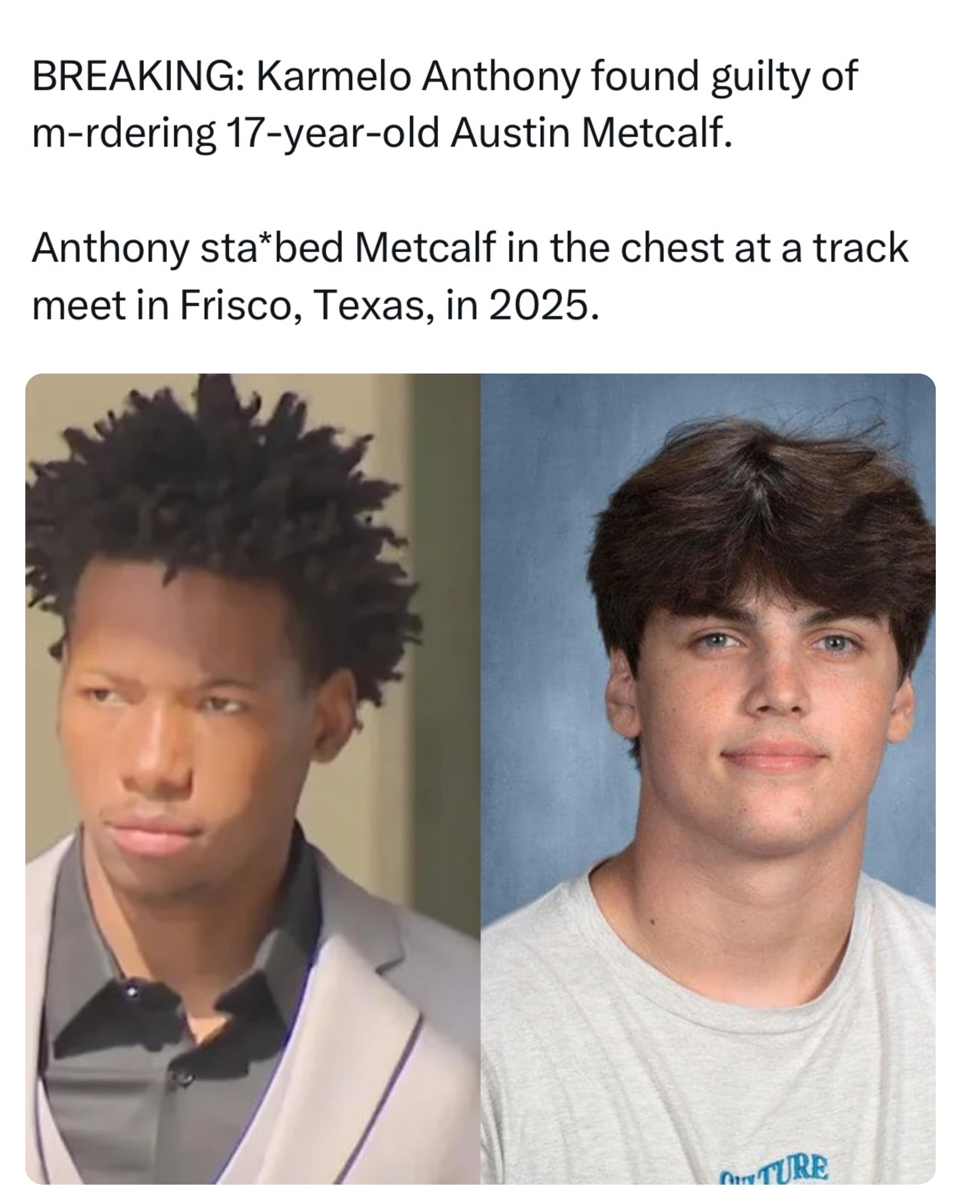 BREAKING: #KarmeloAnthony found guilty today in a Texas courtroom for m-rdering 17-year-old Austin Metcalf.

Anthony sta*bed Metcalf in the chest at a track meet in Frisco, Texas, in 2025.

He now faces up to 99 years in prison. 

#news #viral #texas #fyp