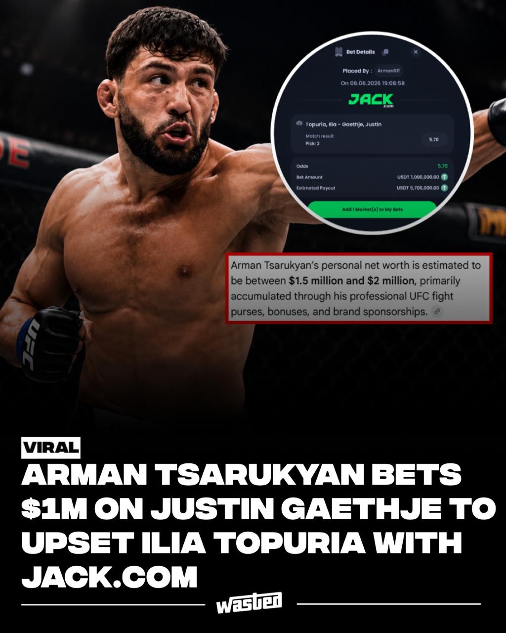 Popular UFC fighter Arman Tsarukyan placed a massive $1M bet that Justin Gaethje would upset Ilia Topuria at the White House event using @jackplayofficial 

The bet on Gaethje would yield $5.7 million if he wins. 

Who do you think will take it home?
#jackplaypartner