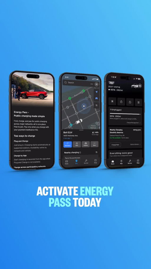 Introducing Energy Pass – your new way to find, charge and pay on the go! Get in-app access to charging networks like IONNA, Supercharger, ChargePoint and Electrify America all from your GM vehicle mobile app. Whether you use myCadillac, myChevrolet or myGMC, you can sign up for Energy Pass using your account. 

Take advantage of coast-to-coast charging coverage from your GM vehicle app today! 

 
 
*Available charging discounts, when offered, are shown in you GM vehicle mobile app on the charging provider page and may be available through Plug & Charge or Charge by App, where supported. Discounts apply only to the cost of energy dispensed and exclude taxes and session-related fees. Discount amounts, eligibility, and availability are subject to change.
 
*Mobile App: Available on select Apple and Android devices. Service availability, features and functionality vary by vehicle, device and the plan you are enrolled in. User terms apply. Device data connection required.
 
*Plug & Charge: Available on select GM EVs. Requires your GM vehicle mobile app, an Energy Pass account, saved payment method and a compatible public charging station. Feature timing and availability vary by model, trim, software update and charging