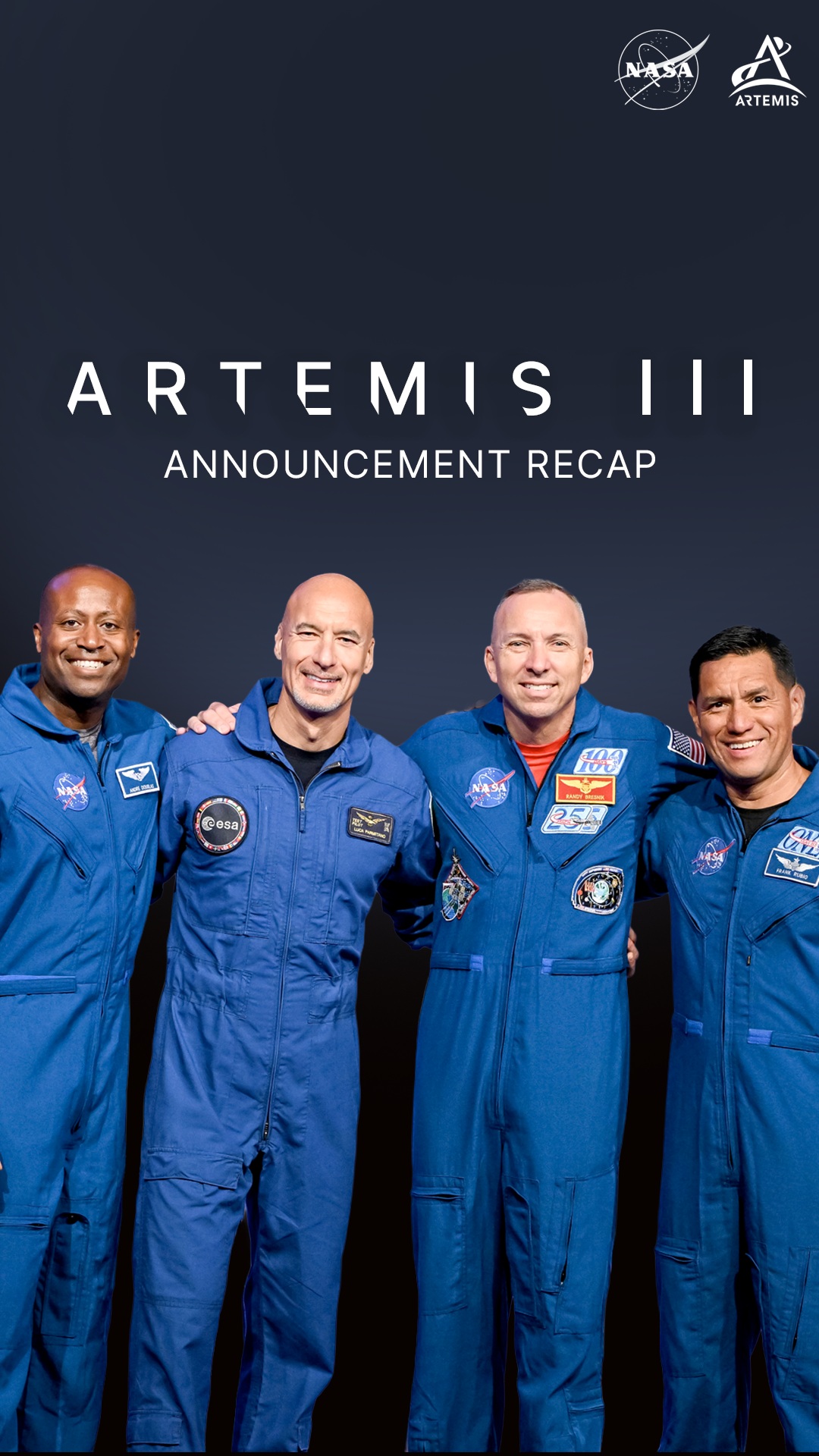 Get ready for Earth joy!

Earlier today, we announced the four astronauts who will go to space as part of Artemis III. The four crew members are:

- NASA astronaut Randy Bresnik (@astrokomrade)
- ESA (@EuropeanSpaceAgency) astronaut Luca Parmitano (@astro_luca)
- NASA astronaut Andre Douglas (@astro_andred)
- NASA astronaut Frank Rubio (@astro_frankrubio)

As part of the Artemis III mission, these four astronauts will undertake a series of challenging tests in low Earth orbit in 2027, setting future @NASAArtemis missions up to return humanity to the Moon.

Check out the link in bio to learn more about Artemis III!

Credit: NASA
#NASA #Artemis #ICYMI