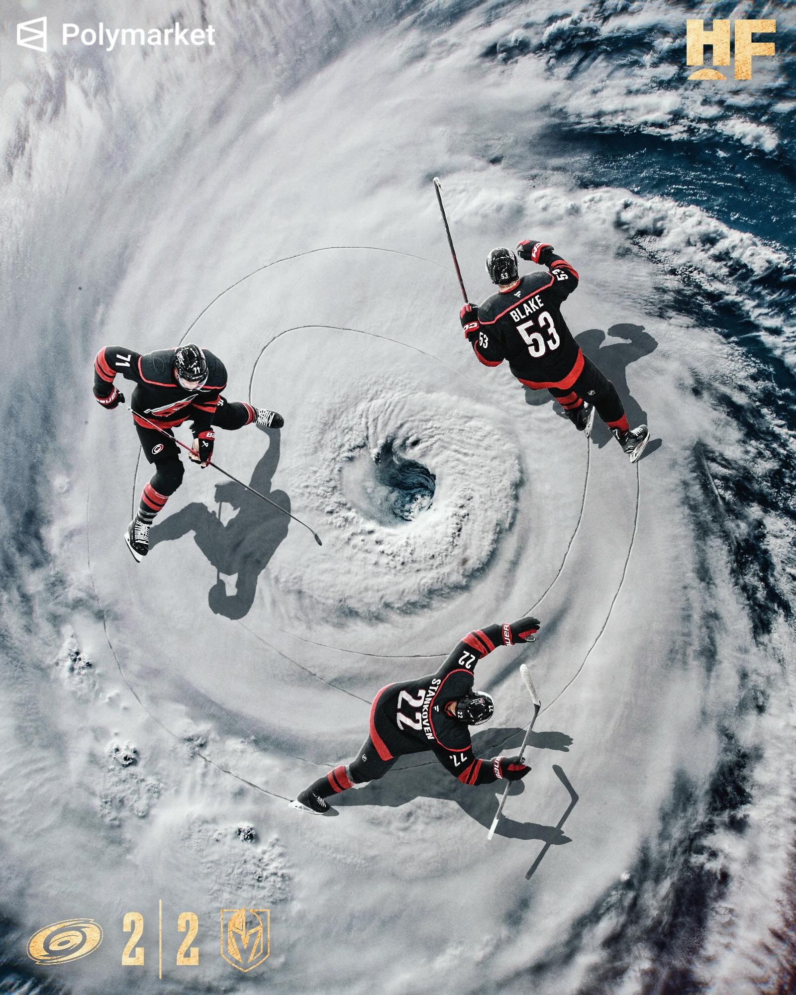 THE STANLEY CUP FINAL IS ALL TIED UP 🏆

The Hurricanes defeat the Golden Knights 5-3 in Game 4 to even the series at 2-2.

According to @polymarketsports Carolina’s odds of winning the Cup have climbed to 42% 📈

Use code “FOREVER” for a free $50 when you deposit in the new Polymarket app.