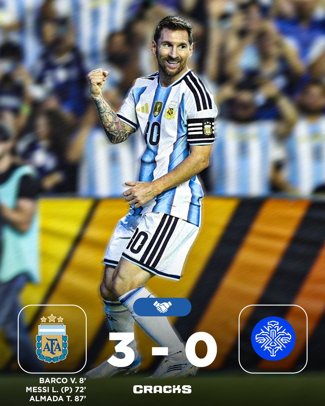 🇦🇷 MESSI VOLVIÓ Y ARGENTINA GOLEÓ ANTES DEL MUNDIAL

✅ Argentina 3-0 Islandia

⚽ Valentín Barco
⚽ Lionel Messi (penal)
⚽ Thiago Almada

👀 Messi arrancó en el banco, entró en el segundo tiempo y no tardó en hacerse presente en el marcador.

🔥 La Albiceleste cerró su preparación con una victoria contundente y ya pone la mira en el inicio de la defensa de su corona mundial.