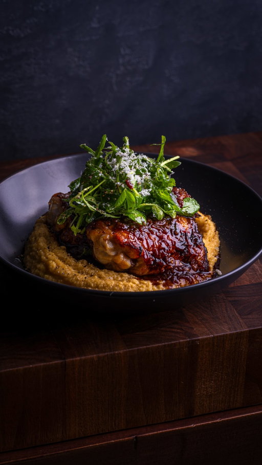 Balsamic Chicken Thighs with Red Wine Pan Sauce, Creamy Polenta & Rocket Salad

Link to my recipes in my bio