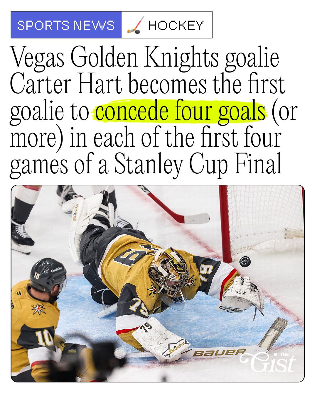 Carter Hart is officially the worst goalie to ever play in a Stanley Cup Final! 👍⁣
⁣
The Carolina Hurricanes came out firing in last night’s Game 4, lighting the lamp twice in the first four minutes and weathering a Vegas onslaught with a pair of third-period goals. 🫣⁣
⁣
The result? A crowd-silencing 5–3 win, goalie Brandon Bussi’s first playoff victory. 🥅⁣
⁣
This back-and-forth series feels destined for a Stanley Cup–deciding Game 7 — but first, it’s back to Carolina for tomorrow’s 8 p.m. ET Game 5. Expect the chaos to continue: This is the first Final in NHL history where multi-goal deficits have been erased in four straight games. 😳⁣
⁣
#menssports #hockey #nhl