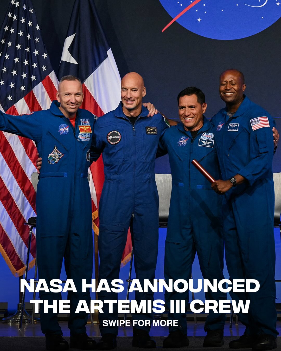 nasa starting lineup is here 😮‍💨

NASA has announced the four astronauts selected for the Artemis III mission, which is scheduled for 2027. The mission will test important spacecraft systems and docking procedures in Earth orbit to help prepare for future Moon missions. The crew includes NASA astronauts Randy Bresnik, Andre Douglas, and Frank Rubio, along with European Space Agency astronaut Luca Parmitano, who will become the first ESA astronaut assigned to an Artemis mission.

[📸: GETTY, NASA ]