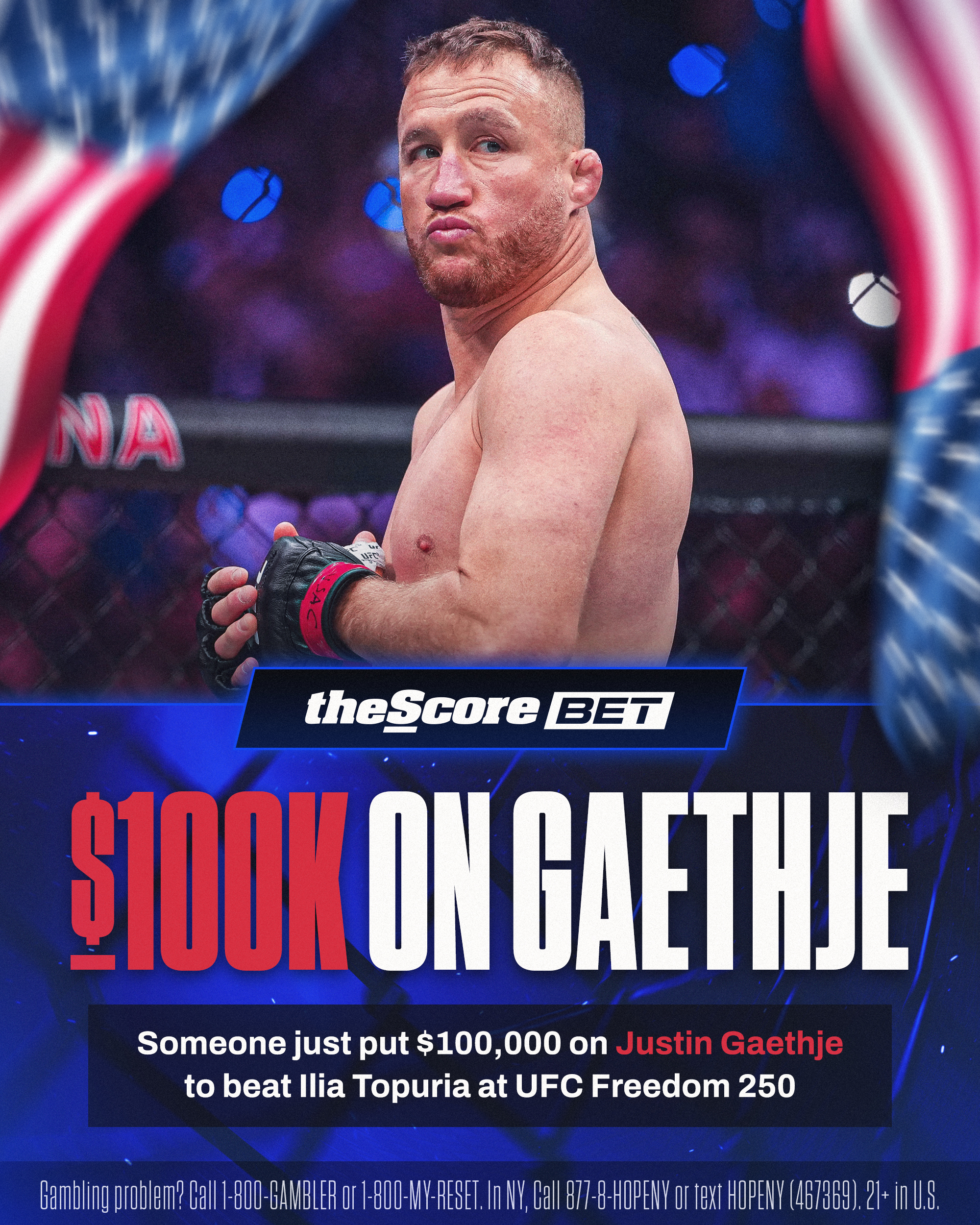 This @thescorebet user just dropped $100K on Justin Gaethje to beat Ilia Topuria at UFC Freedom 250 this weekend! 👀 🤯

Who leaves the South Lawn with the belt? 🤔