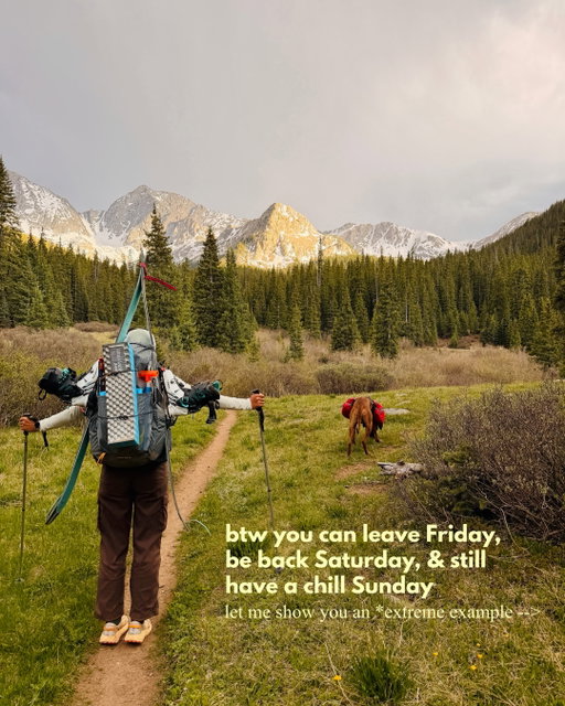 you will never convince me that not taking the trip is better than a short spontaneous trip🫡

I get caught up in planning big trips & forget it’s these short spontaneous ones that fill my cup the most. Get outside, sleep on a patch of dirt, go on a silly adventure, even if it’s just for a day or just a few hours😌