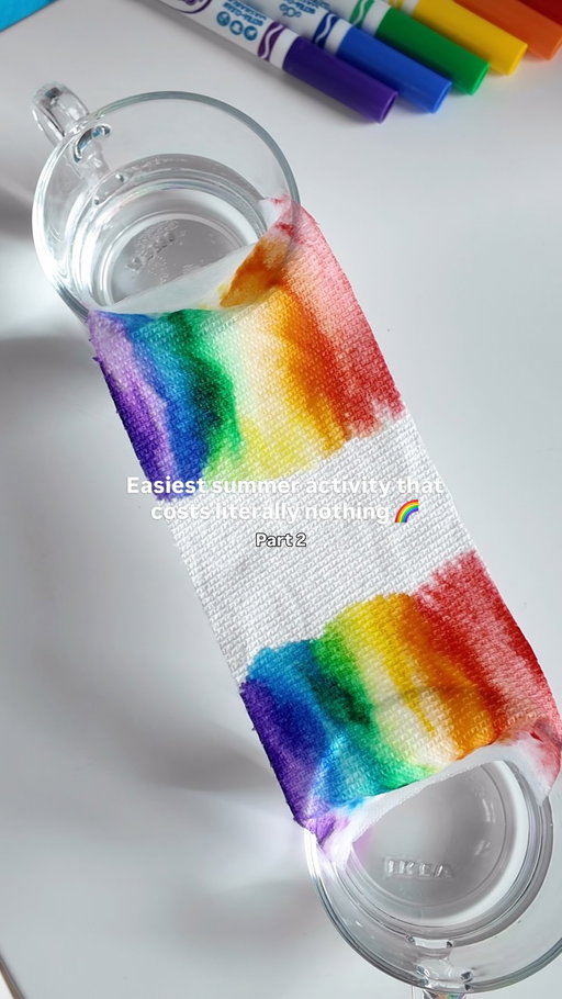 Part 2 is here because you asked 🥹

All you need is a kitchen towel, washable markers and two glasses of water… watch the colours travel and meet in the middle like pure magic 🌈

We tried every colour combination and honestly? Every single one turned out more beautiful than the last 🥹

But here’s the cool part:
This is actually a capillary action science experiment in disguise! The water travels up through the tiny fibres of the towel carrying the colours with it… this is exactly how plants drink water 🌱

A perfect mix of STEM learning, fine motor play and easy sensory exploration all using things you already have at home 🙌

PRO TIPS for the best rainbow:
💧 Dip both ends into the water glasses
🌈 Use washable markers so the colours bleed beautifully
☀️ The slower the better, watch the magic happen!

This is a slow process. I have sped up the video for viewing purposes but trust it, the wait is SO worth it 🥹

Science, art and pure joy all in one 🌈
You already have everything you need at home right now 🙌

Save this for the hot days ahead ☀️
Share with a mommy! 🌸

♥️ Follow @mom.in.a.million for more fun activities!

#kidsactivities #summerfun #kidscrafts #part2 #activitiesforkids