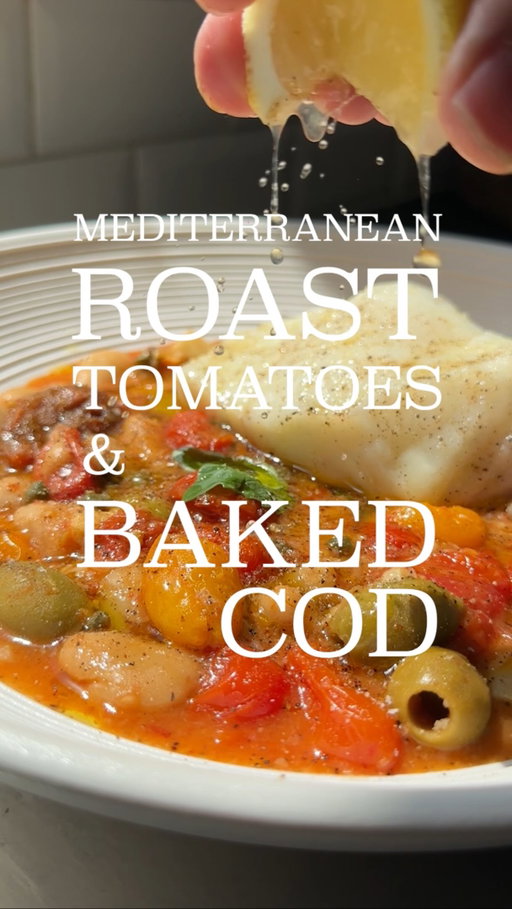 MEDITERRANEAN ROAST TOMATOES & BAKED COD 🍅 RECIPE ⬇️

This is an absolute winner for summer - it’s light, easy, delicious, and super quick to make. It’ll do as a weeknight dinner or for a dinner party.

MEDITERRANEAN TOMATOES
- Put a load of in season tomatoes in a pan (whatever you can get your hands on - I used a couple of boxes of little heirloom tomatoes), cover in olive oil, a whole garlic bulb sliced in half, lots of salt, pepper, and a tablespoon of chilli flakes
- Roast at 200C for around 40 mins, but check at 30 mins. They should be blistered and softened. Remove the cooked garlic
- Add a jar of butter beans (and stock from the jar), tablespoon of capers, handful of olives, zest of half a lemon, and a bunch of torn fresh basil. Squeeze in the cooked garlic
- Mix and warm through on the hob for about 5 mins

COD
- Cover a high quality cod fillet in olive oil and salt, and bake at 200C for 8-10 mins. Rest for 5 mins. It should be glossy and just cooked

SERVING
- Serve in a big bowl, place the cod on top, and coat in olive oil, salt, basil, and serve with a lemon wedge

Beans @boldbeanco 

#recipe #healthy #mediterranean #fish #tomatoes