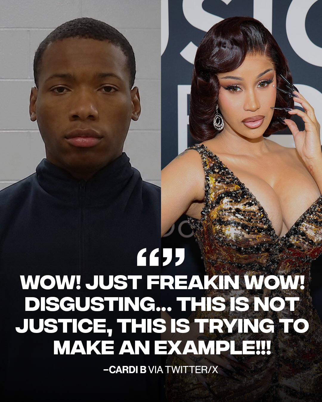 Cardi B is speaking out after Karmelo Anthony was found guilty of murdering Austin Metcalf.

After Karmelo Anthony was sentenced to 35 years in prison, Cardi B shared posts on social media speaking on the verdict. She wrote, “This is not justice, this is trying to make an example.”

Karmelo Anthony was convicted in connection with the 2025 fatal stabbing of Austin Metcalf at a Texas high school track meet after jurors rejected Karmelo Anthony’s self-defense claim.

[📸: GETTY, Collin County Jail via @tmz_tv ]