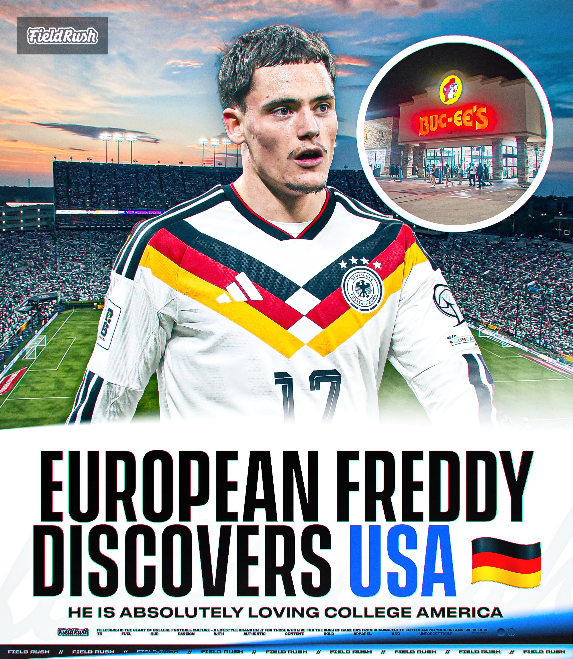 This Germany fan is single-handedly saving the world’s perspective on American culture 🇺🇸

Freddy has been traveling across the South checking out some of college football’s coolest places. He visited Auburn yesterday and absolutely loved it.

He’s also made stops at Walmart, Buc-ee’s, Wendy’s, Chili’s, Waffle House, and plenty of other iconic spots to get the full American experience.