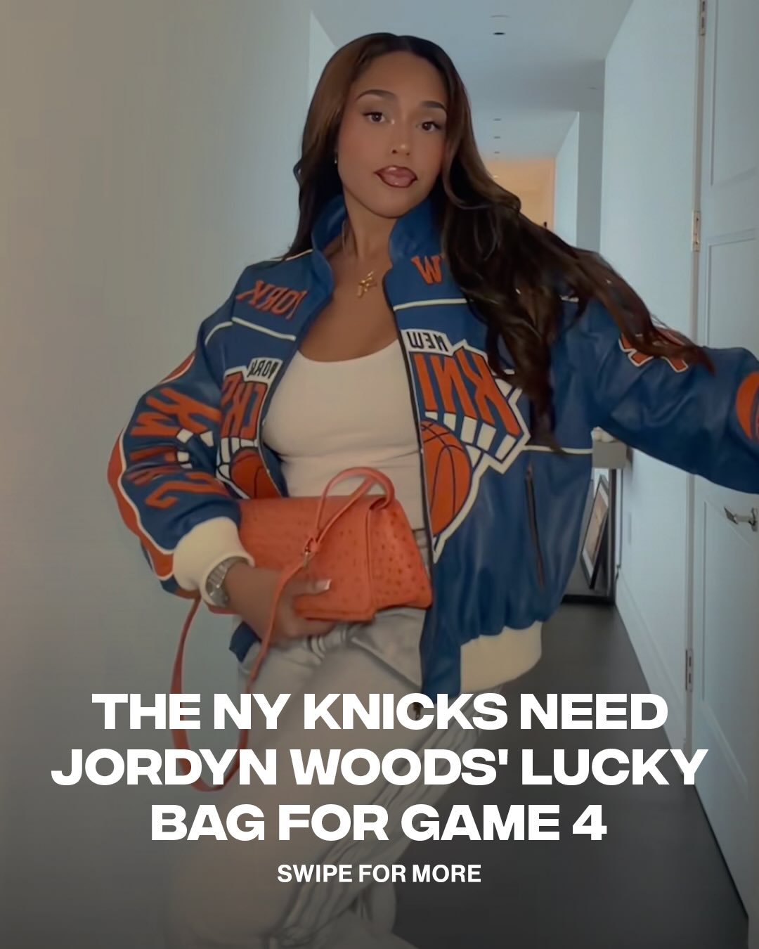 IT’S GOTTA BE THE BAG

Jordyn Woods’ bright orange purse became an unlikely Knicks playoff good-luck charm after she carried it to a string of wins, turning it into a fan-favorite superstition. 

But when heightened security for President Trump’s attendance at Game 3 enforced a strict no-bag policy, Woods was forced to leave it behind and fans were quick to blame the missing bag for the Knicks loss.😅🏀👜 

However, the bag is back in the building tonight! Swipe to the end to see the look 

📸: @jordynwoods / @woodsbyjordyn / Getty