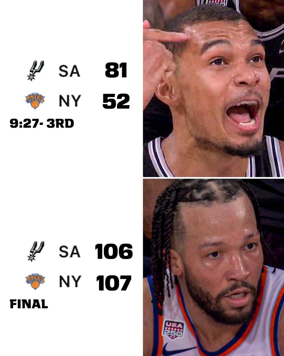 THE KNICKS STORM BACK FROM 29 DOWN ‼️

THE LARGEST COMEBACK IN NBA FINALS HISTORY HAS NEW YORK ONE WIN AWAY!