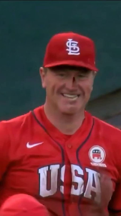 50-year-old Missouri Senator Eric Schmitt goes all out for a catch that leaves him with blood on his nose at the 2026 Congressional Baseball Game