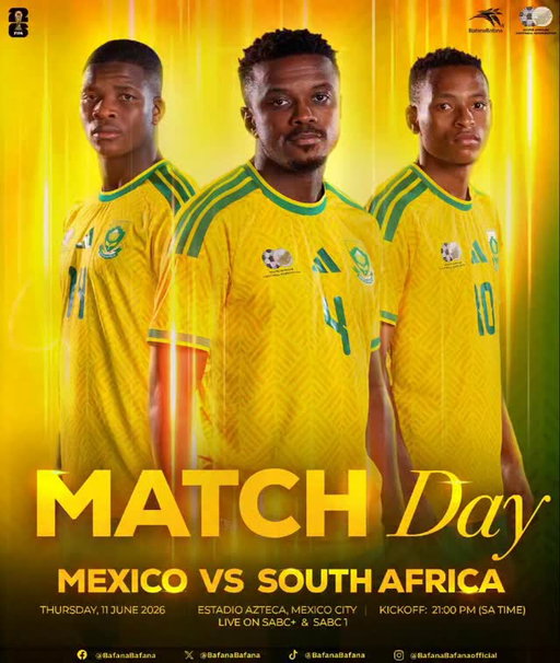 🚨 IT’S MATCHDAY !! 🇿🇦🚨 
⚽ Mexico vs Bafana Bafana
📅 Thursday, 11 June 2026
​🏟️ Estadio Azteca, Mexico City
🕕 Kick-off: 21:00 (SA Time)
🖥 SABC + & SABC 1

​#BafanaPride
@adidasfootball @adidasZA @REXONA_SA @StandardBankZA @10bet_ZA @flysaa
@FreddyHirschsa @CastleLagerSA @CocaCola_ZA @SABC_Sport @NUTRITECHFIT @sociosdotcom @SouthernSunGrp @HonorAfrica
#FIFAWorldCup