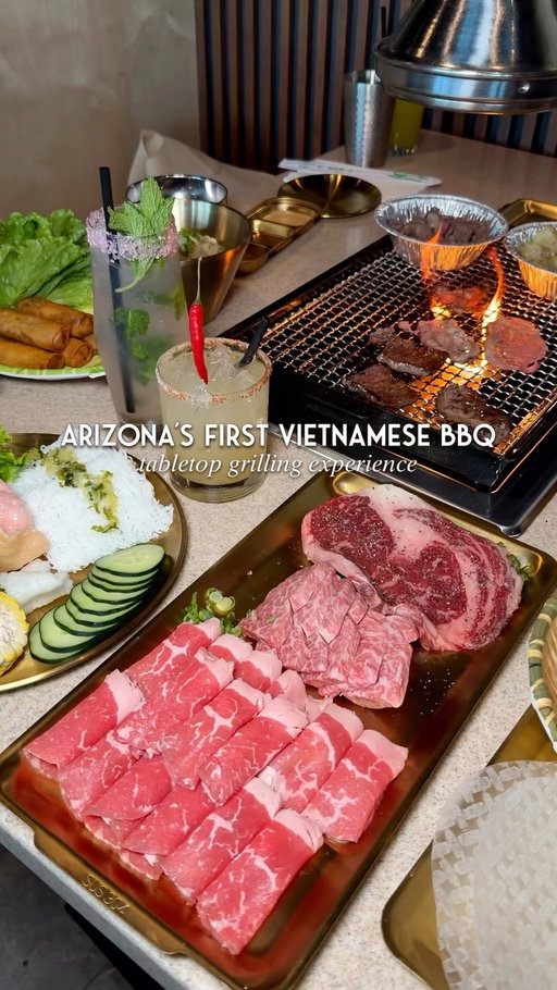 🔥🍖 Mesa’s newest restaurant is bringing a unique Vietnamese tabletop grilling experience to the Valley. At DZO BBQ, you’ll grill meats right at your table or have the staff handle it for you. The best part? Wrapping everything up with fresh herbs and veggies in rice paper, then dipping it into their house sauces.

There are currently three combo options to choose from: the Vietnamese BBQ Combo, Prime Beef Combo, and DZO Signature Combo. Each comes with fresh herbs, rice paper wraps, and house sauces, or you can build your own meal by ordering everything à la carte. Don’t skip the starters. The Garlic Fried Rice, Garlic Cream Cheese Bread, and egg rolls were some of our favorites.

The drink menu is so fun, with Vietnamese inspired cocktails like the Pho Spiced Margarita, Melonball, and Lemongrass Mojito. If you’re looking for something nonalcoholic, order the fresh sugarcane juice and add kumquat.

PS: this is not all you can eat. The focus here is quality ingredients, beautifully marbled cuts of meat, and genuinely great service! 

✨ Grand Opening is TOMORROW! Friday, June 12 from 11AM to 10PM. 

@dzobbq
📍4459 S Power Rd STE B101, Mesa, AZ 85212