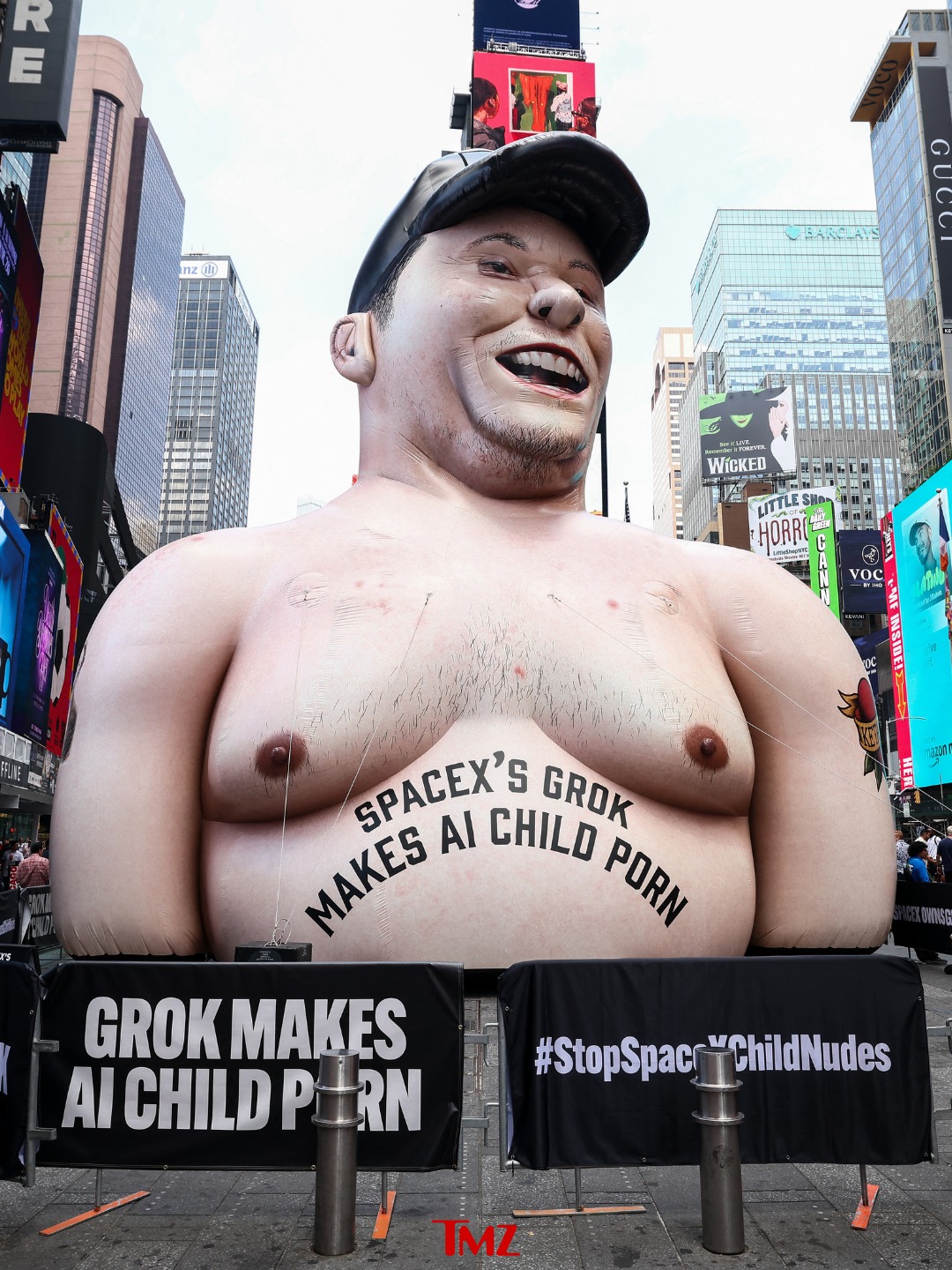 A giant inflatable Elon Musk popped up in Times Square as part of a protest against Musk's Grok AI 🎈

📸: Getty