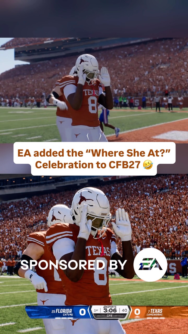 EA Sports added in the “Where She At?” celebration to College Football 27 🤣

One of the biggest fan additions to EA Sports College Football 27 this year is an expanded celebration package, featuring new animations inspired by some of the most viral moments in sports and pop culture.

And yes… that celebration looks awfully familiar. 

Fans playing CFB27’s beta quickly noticed similarities to the viral “Where She At?” dance from Drake’s “Burning Bridges” off ICEMAN, adding to celebrations that feel more authentic to today’s culture than ever before.

Beyond the new celebrations, EA Sports College Football 27 is introducing a variety of upgrades designed to make every game feel more immersive. Enhanced player movement delivers smoother cuts, more realistic acceleration, and improved responsiveness on both sides of the ball. 

Visual improvements to lighting and stadium presentation help capture the atmosphere of packed college football Saturdays, while updated broadcast elements bring a more authentic GameDay experience.

The game also continues to build on its signature modes, giving players deeper customization and more ways to create memorable moments throughout their college football journey. 

Whether you’re building a dynasty, competing online, or carving out a legacy in Road to Glory, the new features aim to make every highlight feel bigger and every rivalry feel more intense.

What celebration are you hitting first?🤔

#collegefootball #cfb #cfb26 #cfb27 #madden27