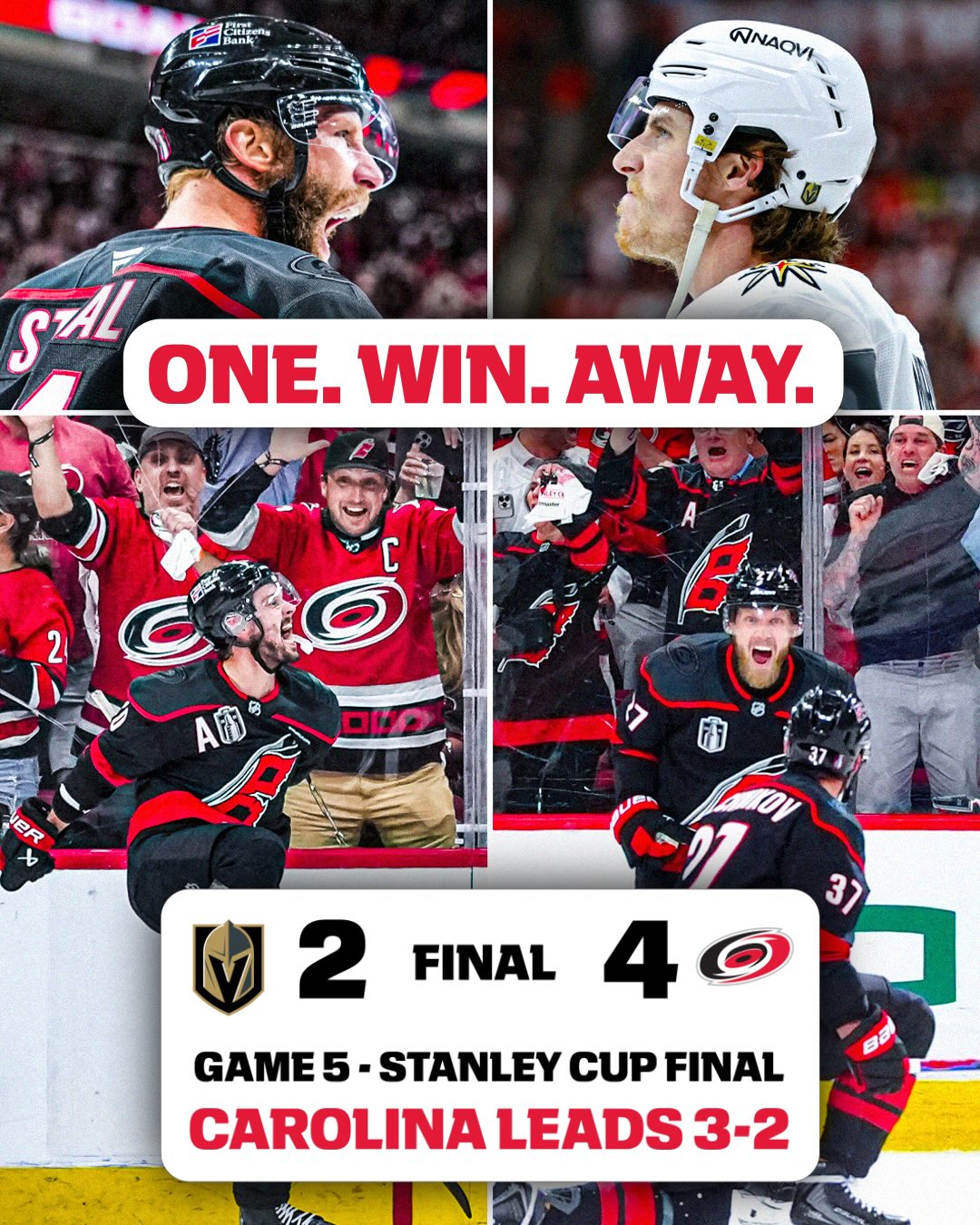 THE CANES ARE ONE WIN AWAY FROM THEIR FIRST STANLEY CUP SINCE 2006 🌀

Back to Vegas for Game 6 🔥

(🎥: @nhl)