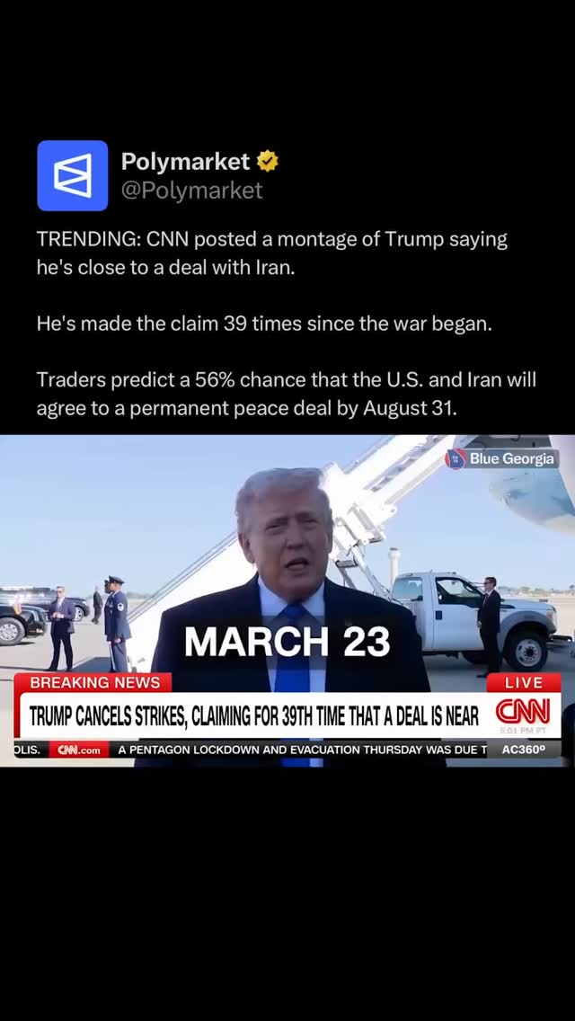 Over the past two months, US President Donald Trump has sent mixed messages about negotiations with Iran, at times saying a peace deal was close and at other times threatening military action. 

A compilation by CNN found that Trump has claimed since March that an agreement with Iran was near or that peace was imminent at least 39 times. 

His public statements have repeatedly shifted between optimistic predictions, warnings of devastating military strikes if talks failed, and announcements of de-escalation shortly after issuing ultimatums. 

Despite his repeated claims that a breakthrough is imminent, no final agreement has been reached.

Traders predict a 56% chance they will reach a permanent peace deal by the end of August.