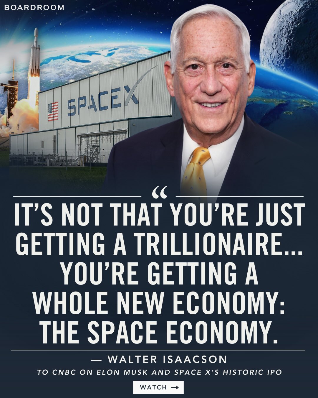 SpaceX has officially gone public, and it could be the moment the space economy goes mainstream.⁠
⁠
According to Walter Isaacson, Starlink, Starship, and future space-based infrastructure are creating entirely new markets that barely existed a decade ago.⁠
⁠
After spending two years embedded with Elon Musk across SpaceX, Tesla, and X for his bestselling biography, Isaacson says the SpaceX IPO represents more than a public listing, it marks the beginning of a new economic era built around reusable rockets, satellite networks, and the commercialization of space.⁠
⁠
(🎥: @cnbc)