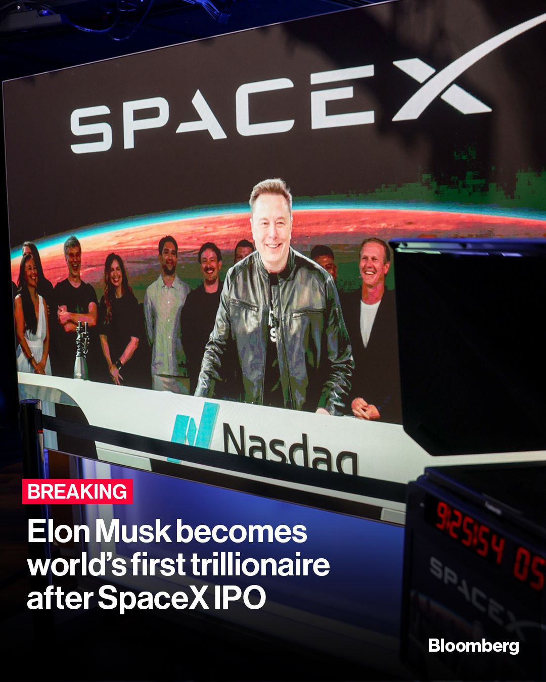 The world has its first trillionaire. SpaceX shares opened at $150 each, valuing the rocket and AI-company Elon Musk founded at roughly $2 trillion. His fortune now stands at the once-unimaginable figure of almost $1.05 trillion, according to the Bloomberg Billionaires Index. That’s more than three times that of the world’s second-richest person, Google co-founder Larry Page. Tap the link in bio for the full story. 

📷: Michael Nagle/Bloomberg