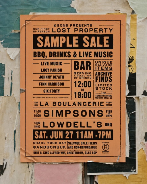 Lost Property is more than a sample sale.

On Saturday 27th June we're opening the doors to &SONS HQ for a full day. Live music, street food, live screen-printing, and an absolute treasure trove of early &SONS samples, development pieces and limited runs from our archives. Free to attend. One day only.

Get here early to secure your piece of &SONS history.

We've got coffee and pastries for the early birds, then street food through the afternoon - smoked brisket, classic fish and chips and a bar running through till close. we're spinning vinyl throughout the day and have a great line-up of live musicians performing into the evening.

Saturday 27th June, 11am - 7pm. Unit 5, King Alfred Way, Cheltenham. 

RSVP before June 20th via link in bio (it’s free and you get 10% off our exclusive event tee)

@simpsonsfishandchips 
@laboulangerieartisan 
@lowdells