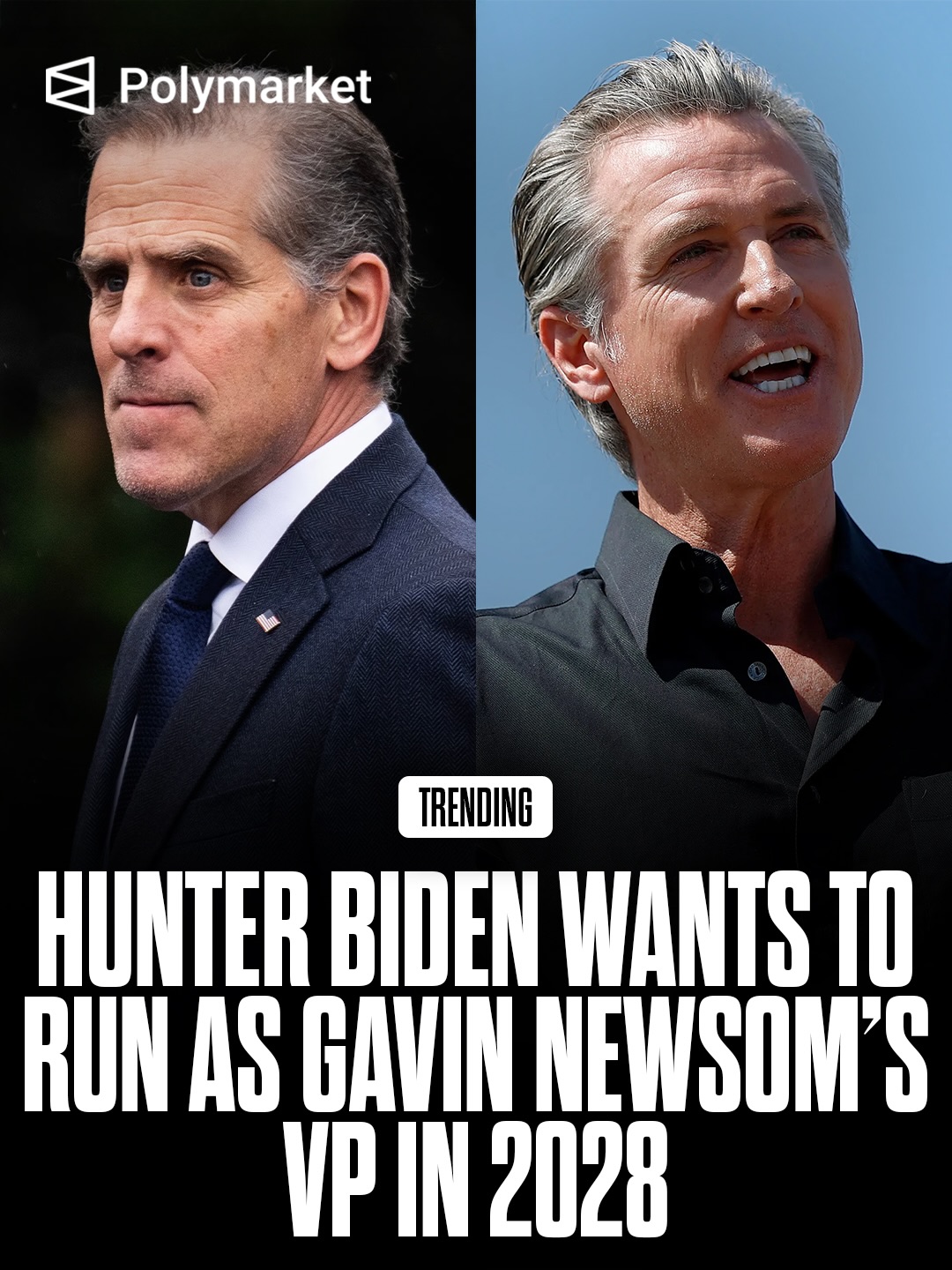 Hunter Biden joked that he would only run for office in 2028 if California Governor Gavin Newsom chose him as his vice president, saying the vice president’s residence is “a lot cooler” and the job is “a lot easier.” 

He made the comments during an episode of This Is Gavin Newsom, where Newsom jokingly introduced him as a “presidential candidate” after President Donald Trump recently commented on Biden’s political future. 

The lighthearted exchange comes as Hunter Biden has begun making more public appearances after spending years largely out of the spotlight.

Traders predict a 23% chance Gavin Newsom will win the Democratic nomination in 2028.