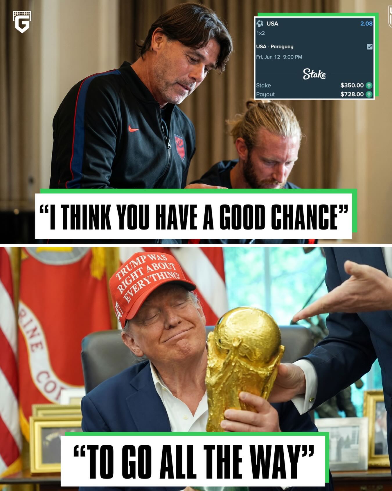 US President Donald Trump called USMNT manager Mauricio Pochettino to wish him luck ahead of USA’s opening match later today 🇺🇸

🗣️ Donald Trump to Mauricio Pochettino on phone:

“You are a fantastic guy, a fantastic guy. We know about your record and success. I think you got a really good chance of going all the way. I want to wish you all the luck.”

Do they actually have a chance?
