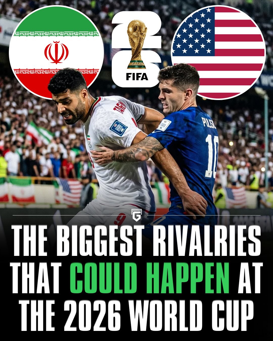 World Cup 2026 can host some TENSE modern day football rivalries if things go to plan… 👀

Iran vs. USA 🇮🇷🇺🇸
- Both countries are currently at war and tensions are already high considering Iran’s difficulties in even participating in the tournament

- Argentina vs. Portugal 🇦🇷🇵🇹
We would see a LAST DANCE between Messi and Ronaldo if all goes well for each team… the best part is it would be deep in the competition

- USA vs England 🇺🇸🏴󠁧󠁢󠁥󠁮󠁧󠁿
These two would potentially face off on JULY 4th, America’s independence day, which they gained from the UK and the 250th anniversary of the its founding. It would be in Philadelphia which is the same city the declaration of independence was signed

Morocco vs Senegal 🇲🇦🇸🇳
- The two faced off in the AFCON Final where Senegal left the field after a controversial penalty, later returning to the pitch and winning in extra time. Senegal was stripped of the trophy afterwards because of their protest, making Morocco the ‘Champions’

Which matchup would you want to see most? 🤔