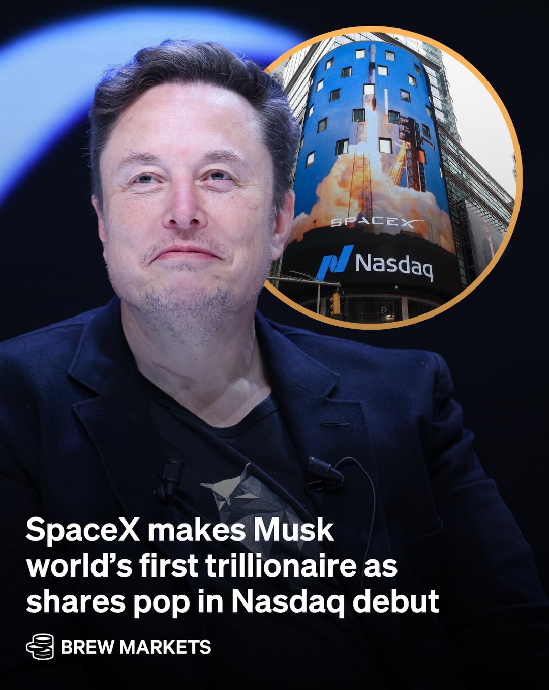 It was a historic day for SpaceX and its founder.

With SpaceX officially listed on the Nasdaq, CEO and founder Elon Musk has made human history as the first person with a net worth of $1 trillion.

In what’s now the largest IPO in history, SpaceX began trading just before noon today, opening at $150/share for an 11% jump from its $135 IPO price. By the closing bell, the stock had climbed 19% to $161—pushing the company’s market cap above $2 trillion and making SpaceX the world’s 7th-most valuable company.

For Musk, the day vaulted his net worth past the historic $1 trillion barrier—climbing as high as $1.2 trillion at SpaceX’s intraday peak. Overall, his ~40% stake in SpaceX is now valued at $821 billion, per Forbes, with $767 billion of that coming from his 4.8 billion shares of the rocketmaker.

As for the rest of the market, the S&P 500, Dow Jones, and Nasdaq all rose today, a promising early sign that suggests the IPO isn’t doing what analysts feared: pulling capital out of the index’s heavyweights.

📸 : Getty