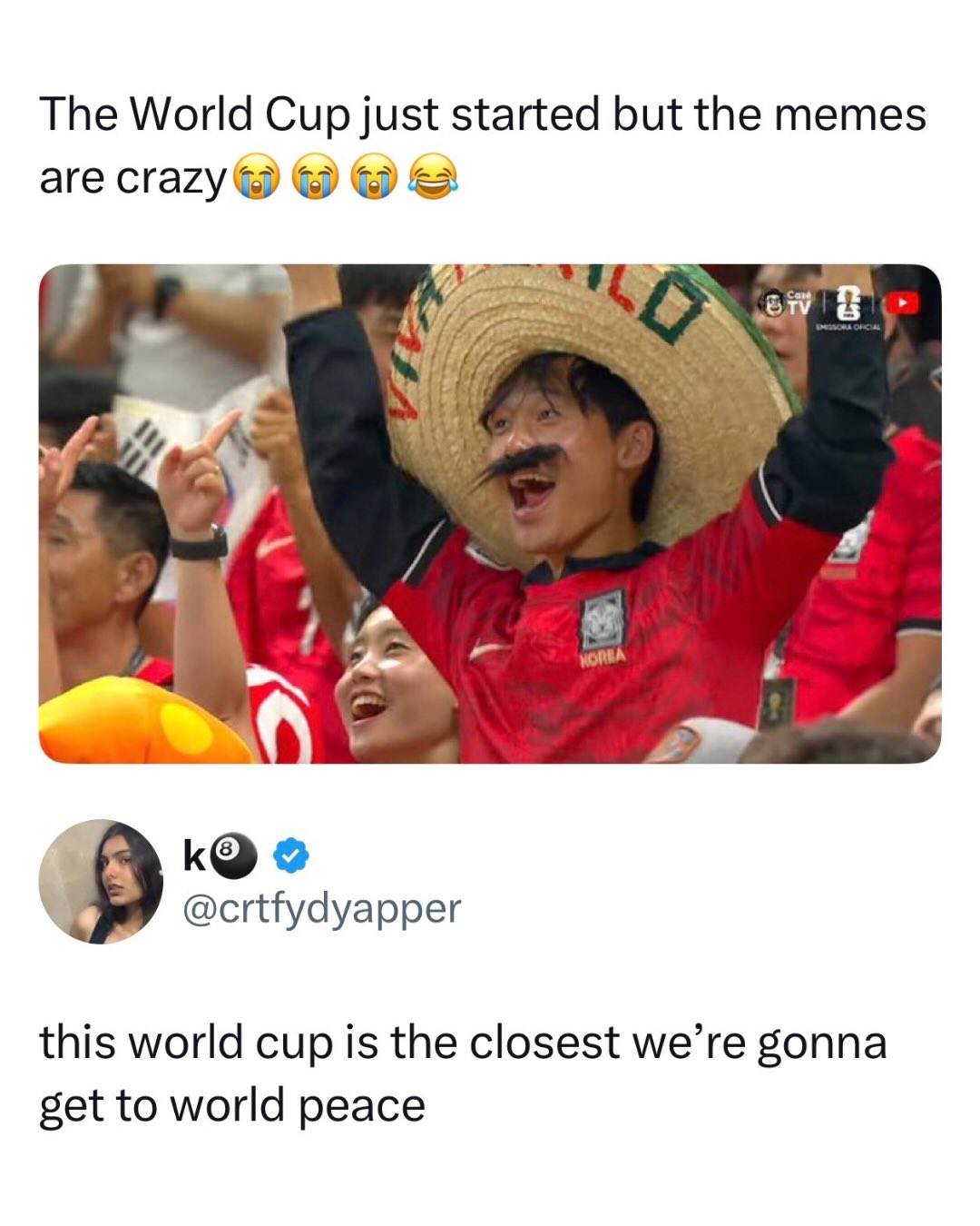 International sports events are just an excuse for the entire planet to become best friends for a month 😭

One of the best parts of any World Cup isn’t just the games. It’s the fans. Every tournament turns into a giant cultural crossover episode where people from completely different countries spend weeks trading jokes, learning random facts about each other, and collectively losing their minds over the same moments.

That’s why the memes hit so hard. For a few weeks, timelines stop feeling divided and start feeling like one giant group chat. Everyone is cheering, arguing, celebrating, and posting through it together. The matches create the headlines, but the fan moments always end up creating the memories people talk about years later.