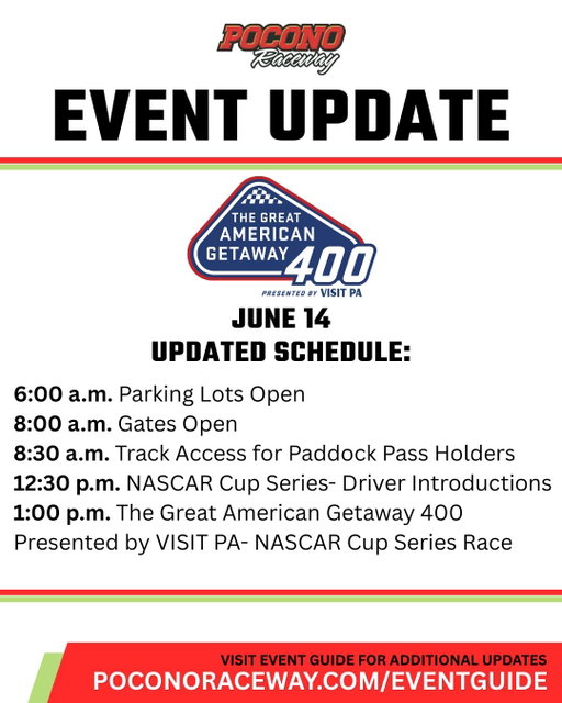 🚨EVENT UPDATE - Sunday, June 14🚨

The start time for The Great American Getaway 400 -NASCAR Cup Series Race has been moved up to 1:00p.m.

Due to the change in schedule, we strongly recommend all guests adjust your arrival plan. Arrive early to avoid delays. Parking opens at 6:00a.m.

Once they are confirmed, additional updates to the fan experience schedule will be announced. For the latest, visit our Event Guide.
