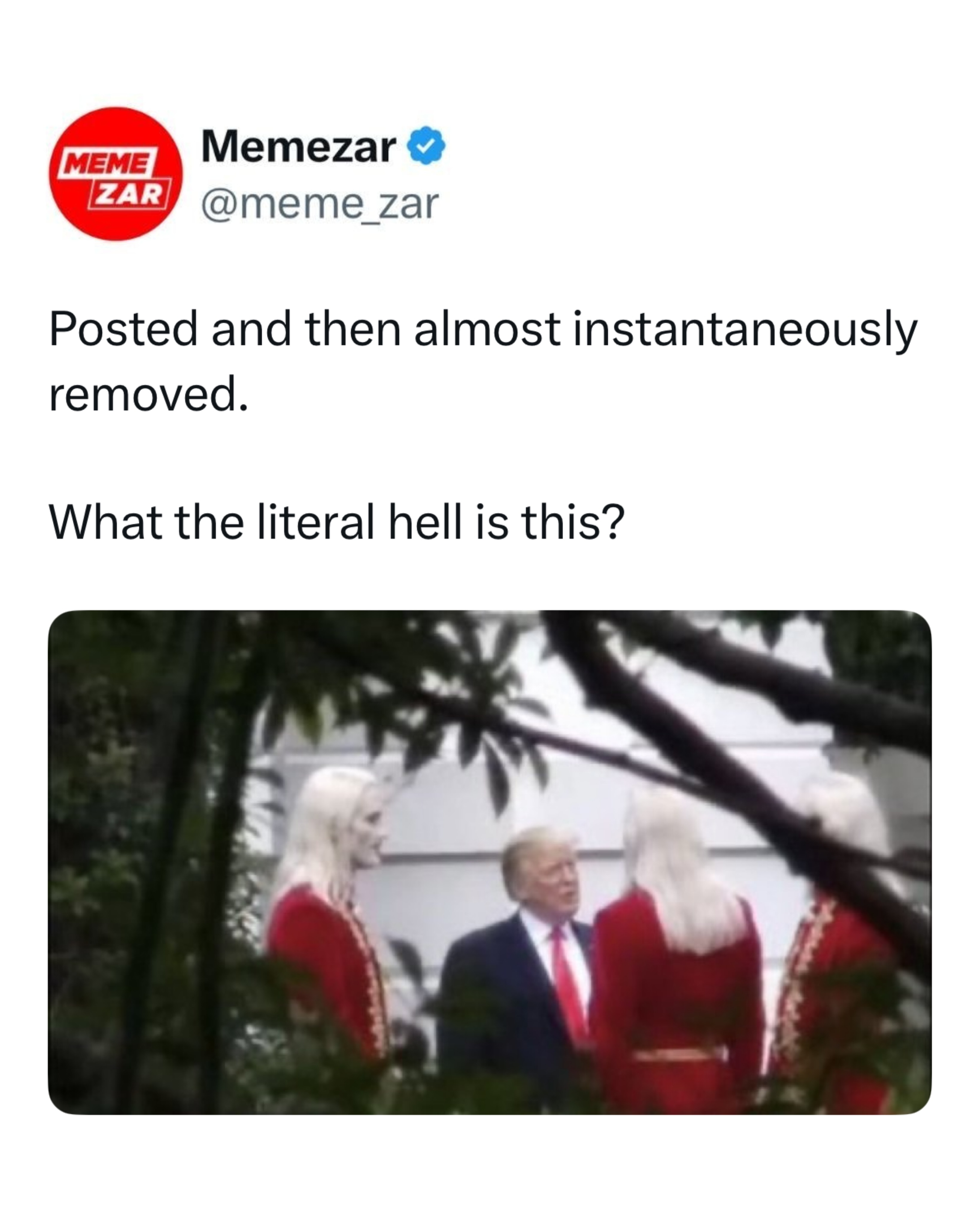 Something about this getting deleted immediately makes it even questionable 🤨 

The clip appears to show Donald Trump standing in a garden surrounded by several people dressed identically in red outfits and blonde wigs, creating an image that looks more like a fever dream than a political photo op.

Part of the reason it went viral is that there was very little context attached to the original post before it disappeared. The combination of the strange visuals, the quick deletion, and millions of people trying to figure out whether it was real, edited, AI-generated, or part of some larger event turned it into one of those internet moments where the confusion becomes the joke. At that point, nobody is even looking for answers anymore. They’re just sharing it because it feels like a scene that escaped from an alternate timeline.