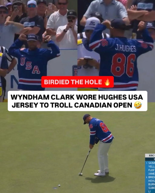 All time troll move… Wyndham Clark pulled up to the Canadian Open rocking a Jack Hughes Olympic sweater and birdied the hole in front of the Canadian crowd 🤣