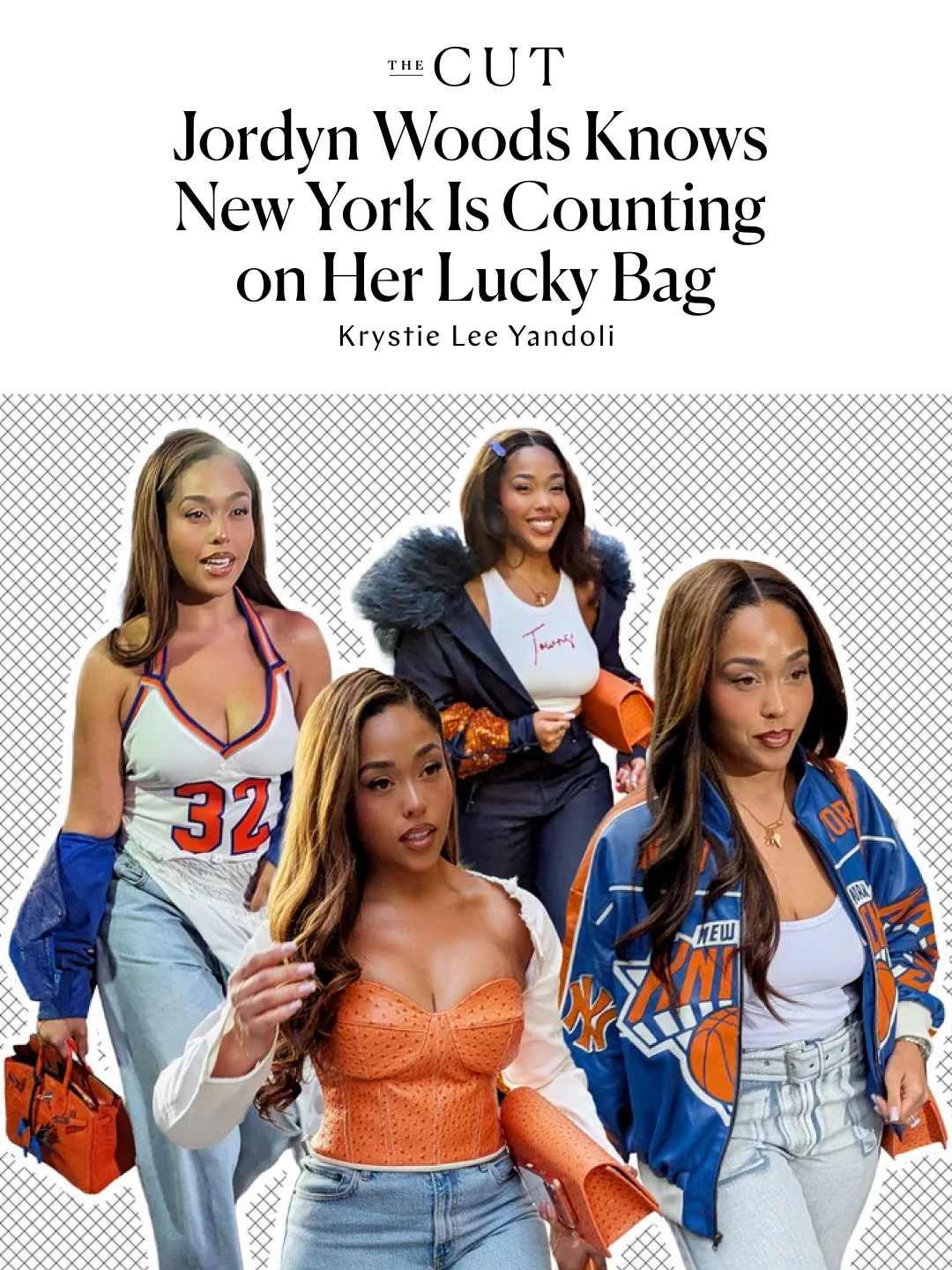 There's a $125 orange faux-ostrich clutch that New York Knicks fans have decided holds the fate of their beloved basketball team — and the woman carrying it is entirely aware of the pressure.

@JordynWoods, engaged to Knicks center Karl-Anthony Towns, has brought her Tux Clutch Mini from her own brand, @WoodsbyJordyn, to every playoff game this postseason. The Knicks haven't lost a single game with it in the building — the one hiccup being Game 3, when heightened security for Donald Trump's attendance enforced a strict no-bag policy.
Now, with New York one victory away from its first championship since 1973, Woods is in San Antonio taking in this surreal moment, her lucky clutch packed and ready to go. 

Ahead of Game 5, Woods spoke with @krystieleeyandoli about her lucky bag's cultural impact, its effect on her clothing brand, and the pressure of all the hype. Read the full conversation at the link in bio.

Photos: Getty Images, Courtesy of Instagram