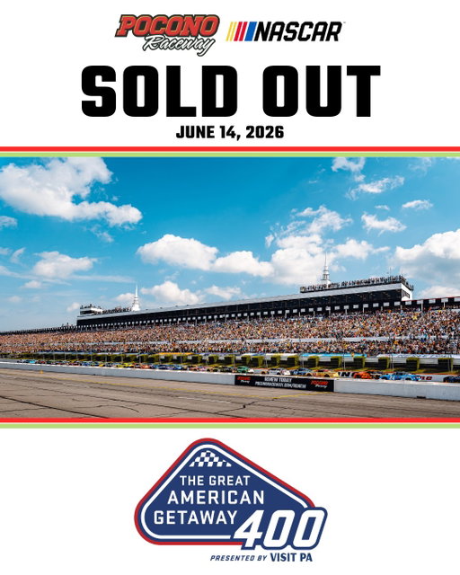 🎟️SOLD OUT🎟️

The Great American Getaway 400 presented by VISIT PA is officially SOLD OUT.

The race will get underway at 1:00 p.m. Parking lots open at 6:00 a.m. and Gates open at 8:00a.m. Get here early!

Thank you fans, we can't wait to see you tomorrow for the #PAGetaway400!

@visitpa