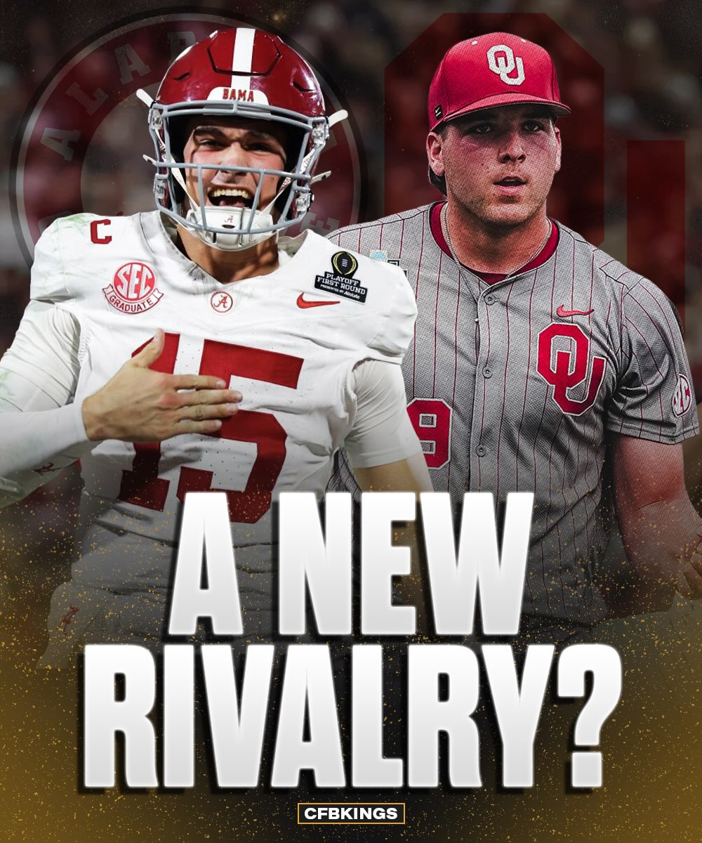 A new rivalry may be developing between Alabama and Oklahoma 👀

The two schools have faced off in both the College Football Playoff and College World Series in the 2025-26 athletic season, and have had major regular season matchups in the past few years as well.

🏈 2024: 5-win Oklahoma shocked Alabama 24-3, giving the Tide their third loss and eliminating them from College Football Playoff contention.

🏈 2025: Oklahoma beat Alabama 23-21 on the road in Tuscaloosa to keep their CFP hopes alive. This is the only game Alabama lost at home in the last two seasons.

🏈 2025: Alabama overcame a 17-point deficit to stun Oklahoma in a Playoff game in Norman, ending the Sooners’ season and keeping them from getting their first ever CFP win.

⚾️ 2026: Oklahoma crushed Alabama 9-0 in the College World Series today, putting the Tide’s title hopes in major trouble.

The two also faced off back in the 2018 College Football Playoff, where Alabama defeated Heisman Trophy winner Kyler Murray and Oklahoma 45-34.