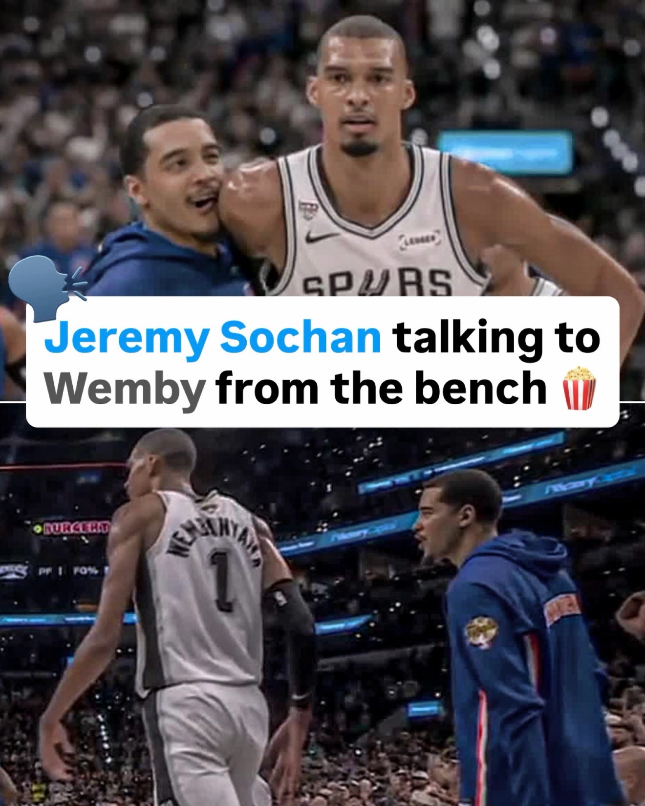 Jeremy Sochan appeared to be chirping Victor Wembanyama from the Knicks bench 👀

Sochan played for the Spurs earlier this season before getting waived and signed by New York.