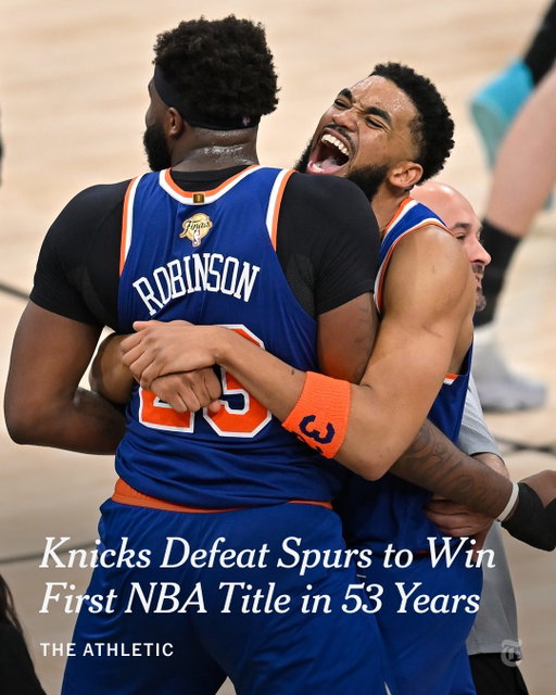 The New York Knicks won their first NBA championship since 1973 after defeating the San Antonio Spurs in Game 5 on Saturday, 94-90.

The victory caps a dominant run by the Knicks, including a historic comeback win in Game 4 after trailing by 29 points, and closes out a championship series that has captivated New York City. This is the franchise’s third NBA championship.

Tap the link in our bio to read more. Photos by Ross D. Franklin and Darren Abate via @apnews