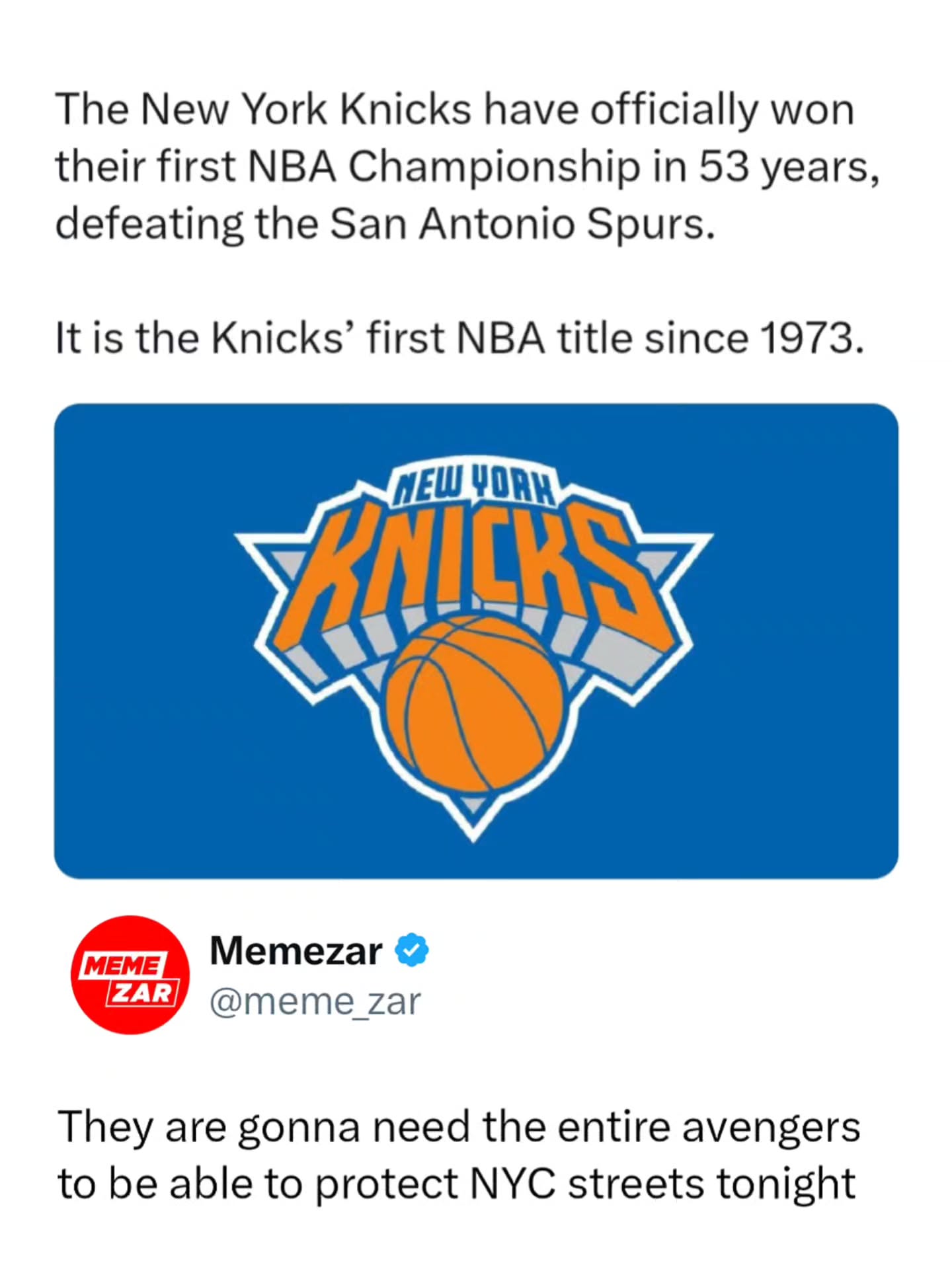 🏆 The drought is finally over.

The New York Knicks are NBA champions for the first time since 1973, defeating the San Antonio Spurs 94-90 in Game 5 to win the series 4-1. Down by as many as 16 points, New York battled back behind a legendary 45-point performance from Jalen Brunson, who was named Finals MVP and delivered the franchise's biggest title-clinching performance ever. 

After 53 years of waiting, the Knicks' dream season ended with a championship, sparking celebrations across New York and cementing this team in franchise history. Victor Wembanyama and the young Spurs pushed them to the limit, but New York's resilience proved too much in the end.
