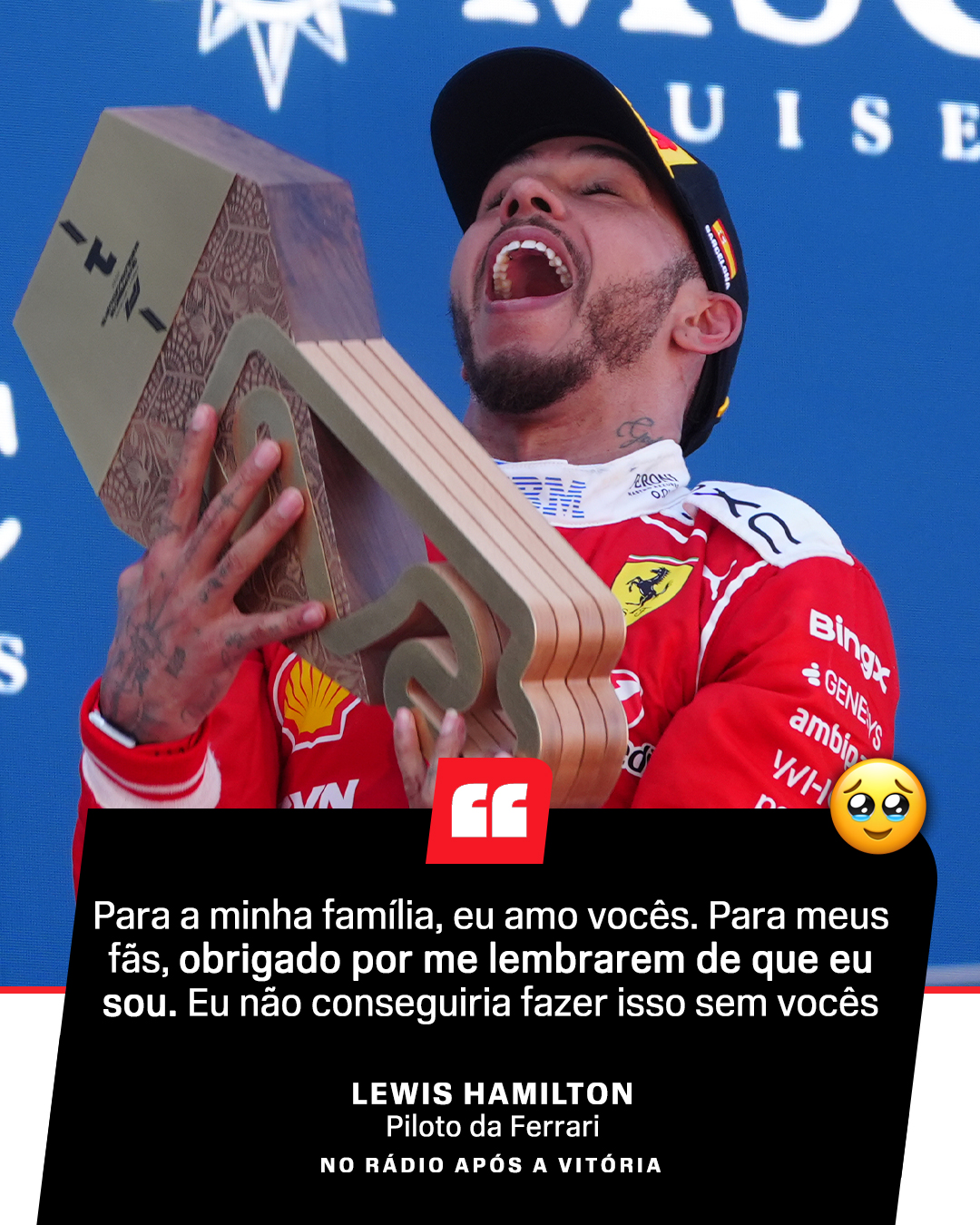 HAMILTON MUITO EMOCIONADO! 🥹 

Lewis Hamilton finalmente subiu ao lugar mais alto pódio da Fórmula 1 com o macacão vermelho da Ferrari. O heptacampeão conquistou sua primeira vitória com a escuderia italiana neste domingo (14), no GP de Barcelona.

Logo após a corrida, o piloto inglês abriu o rádio para comemorar e agradecer a equipe. Visivelmente emocionado, Hamilton falou sobre o sonho de vencer pela Ferrari.

#F1naESPN #LewisHamilton #Hamilton #Ferrari #F1