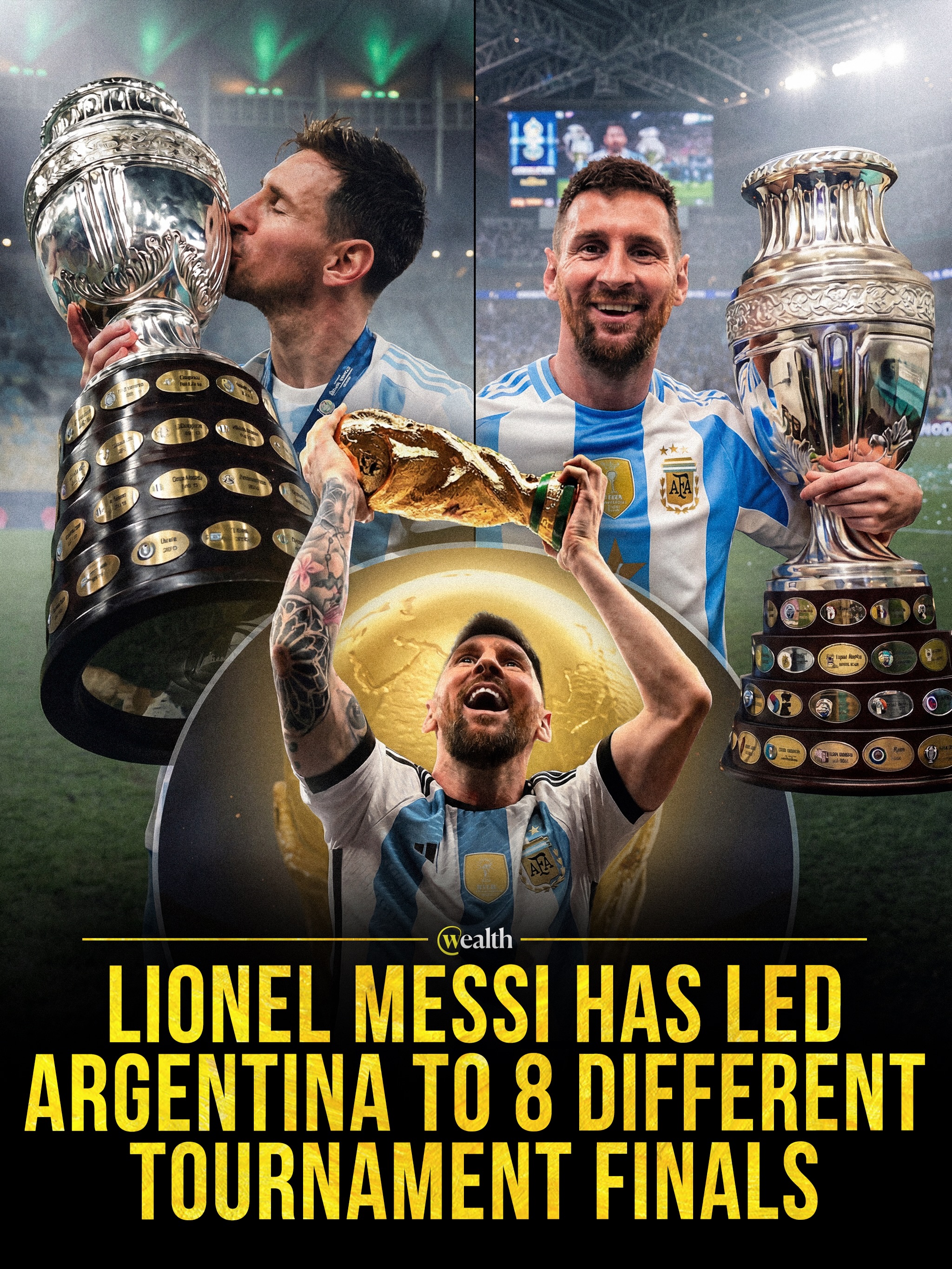 Lionel Messi has reached eight finals for Argentina. ⚽️🇦🇷

His run spans the 2007 Copa America, the 2008 Olympic gold medal in Beijing, the 2014 and 2022 FIFA World Cup finals, and five Copa America finals from 2007 to 2024. CONMEBOL said the 2024 title match against Colombia in Miami Gardens was Messi’s fifth Copa America final, a tournament record.

Argentina won four of those eight finals: Olympic gold in 2008, Copa America titles in 2021 and 2024, and the 2022 World Cup in Qatar.

#LionelMessi #Argentina #CopaAmerica #WorldCup #Olympics