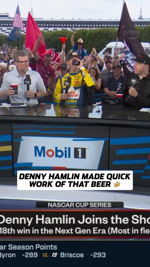 Denny Hamlin crushing beer for the third straight weekend celebrating with the #NASCARonPrime crew 🏁
