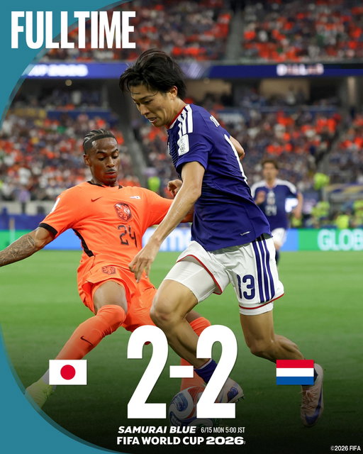 🔹試合終了🔹️

🏆FIFAワールドカップ2026™
⚔グループステージ第1節
🇯🇵SAMURAI BLUE 2-2 オランダ代表🇳🇱

📺NHK総合
📱DAZN

@fifaworldcup
#最高の景色を #サッカー日本代表