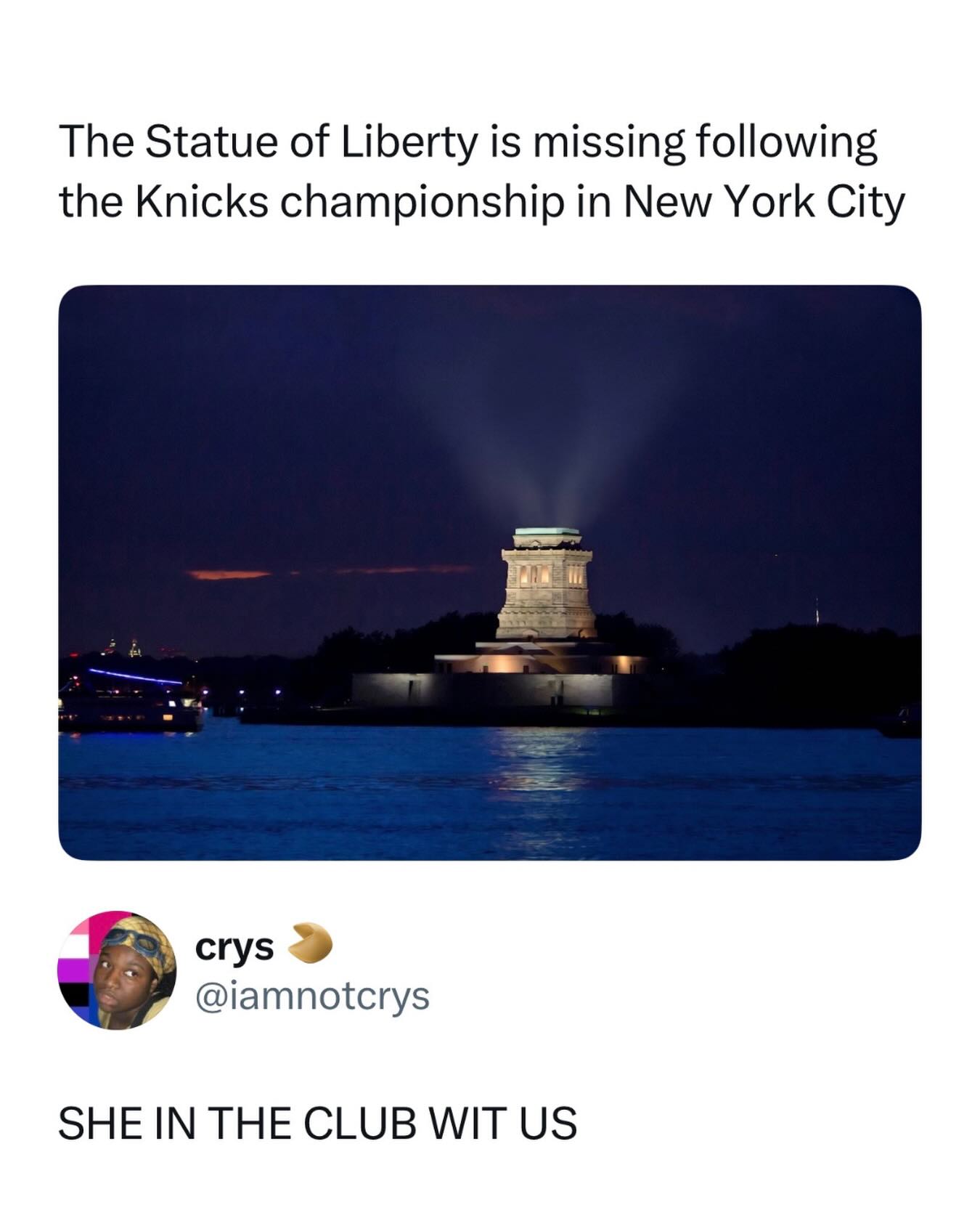 The Knicks winning the championship is an NYC historic event 😭

Every city has passionate sports fans, but New York exists in a completely different category. People have spent decades waiting for a Knicks championship, which means the celebration would immediately stop being a sports story and start becoming a public safety concern. Nobody would be going to work the next day.

That’s why this joke feels believable. The Statue of Liberty disappearing wouldn’t even crack the top ten weirdest things happening that night. At a certain point every landmark, subway car, traffic light, and random object in the city would become an honorary Knicks fan. The parade route would basically be the entire state of New York.